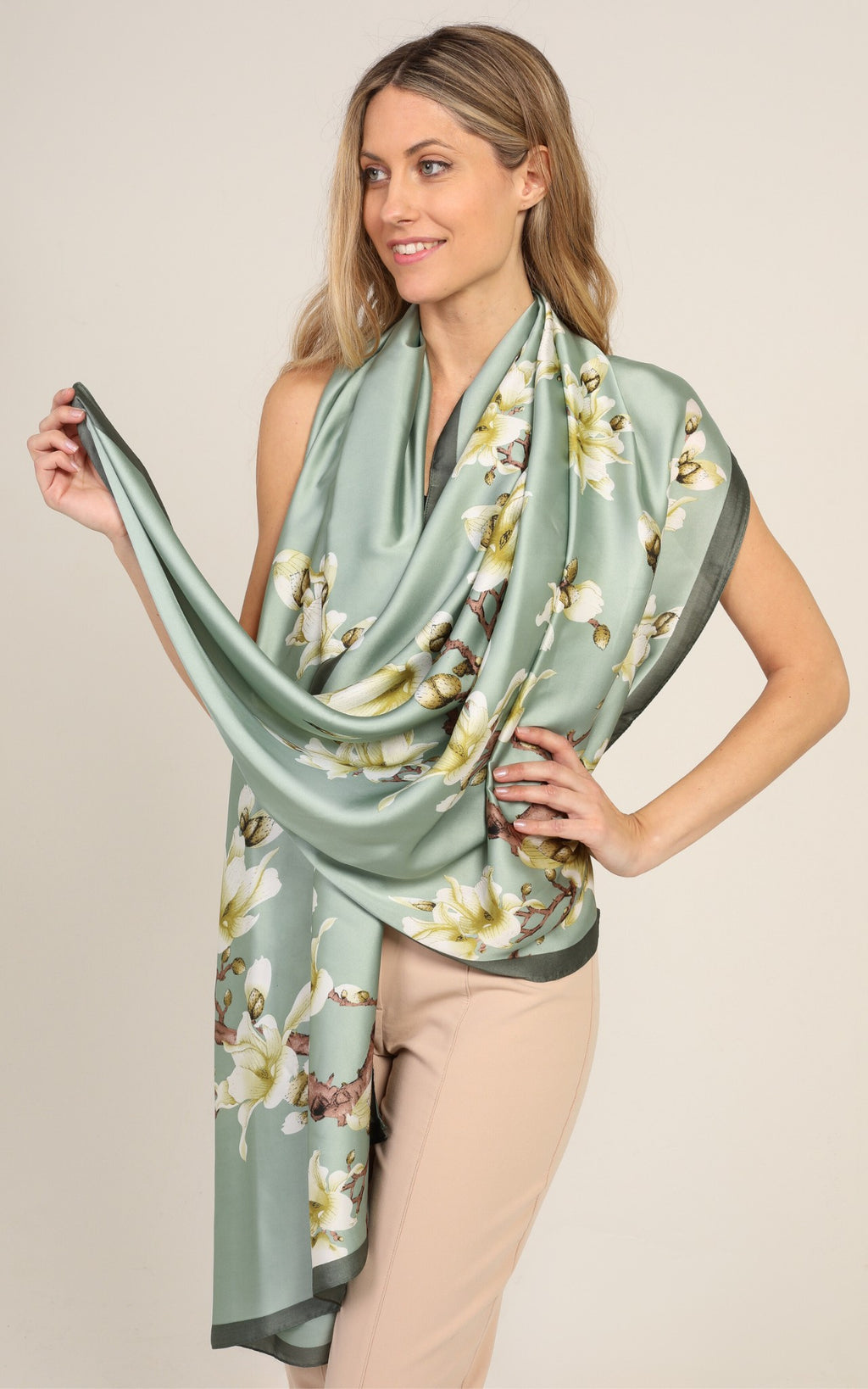 Light Green Floral Silk Scarf