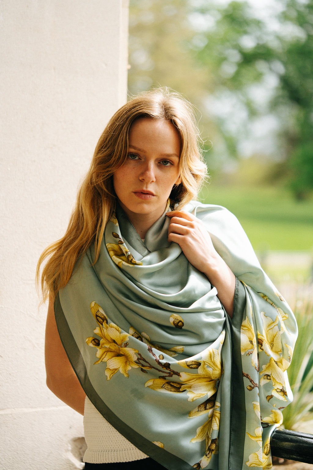 Light Green Floral Silk Scarf