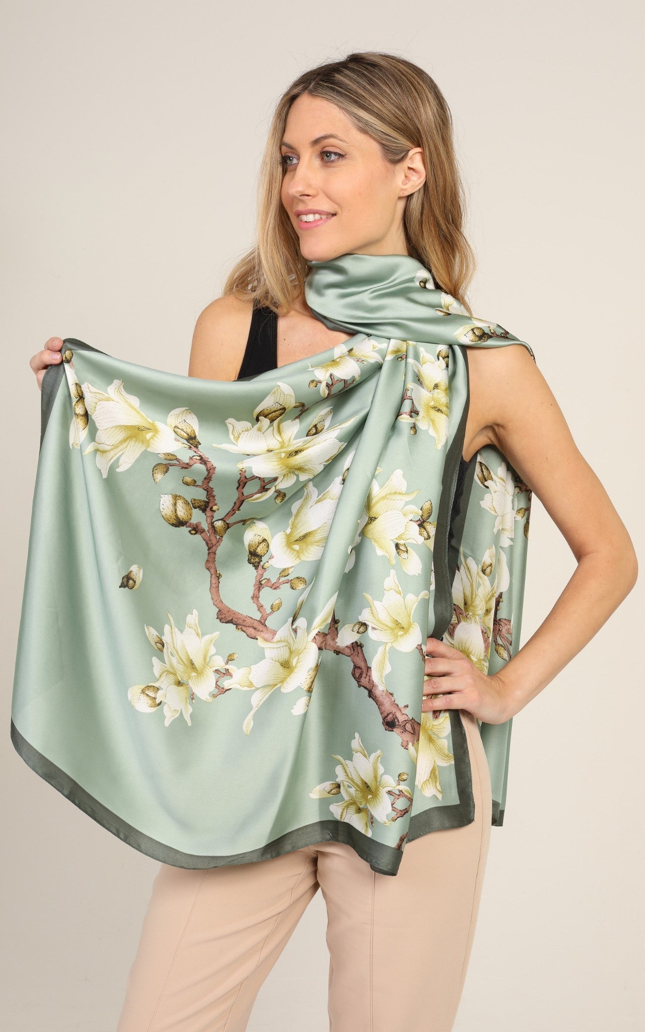 Light Green Floral Silk Scarf