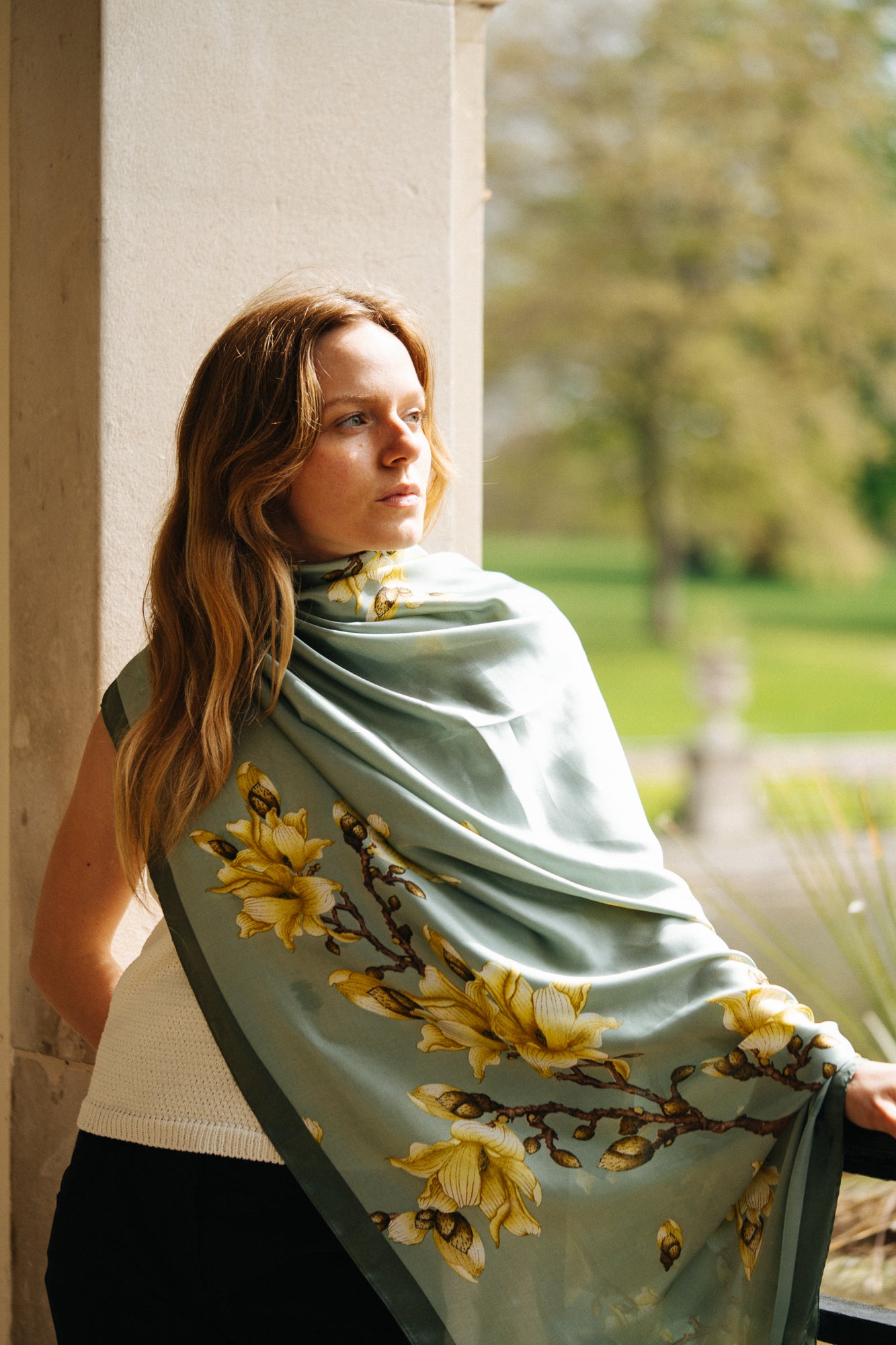 Light Green Floral Silk Scarf