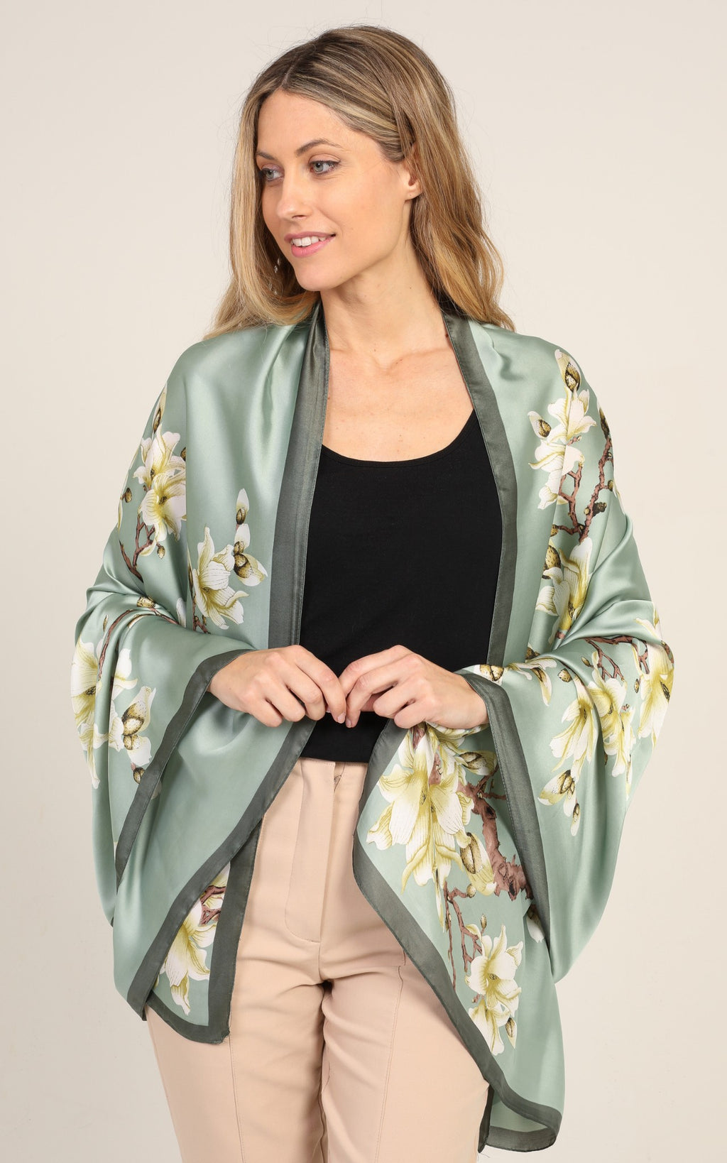 Light Green Floral Silk Scarf