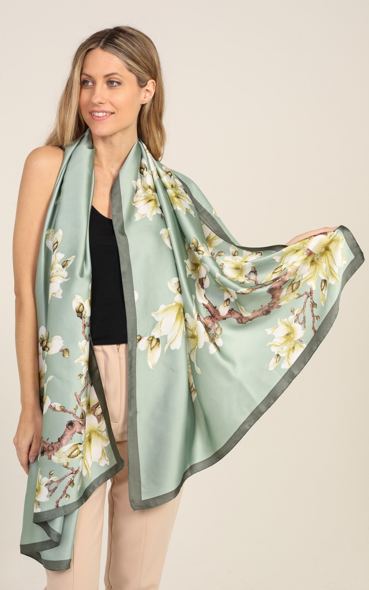 Light Green Floral Silk Scarf