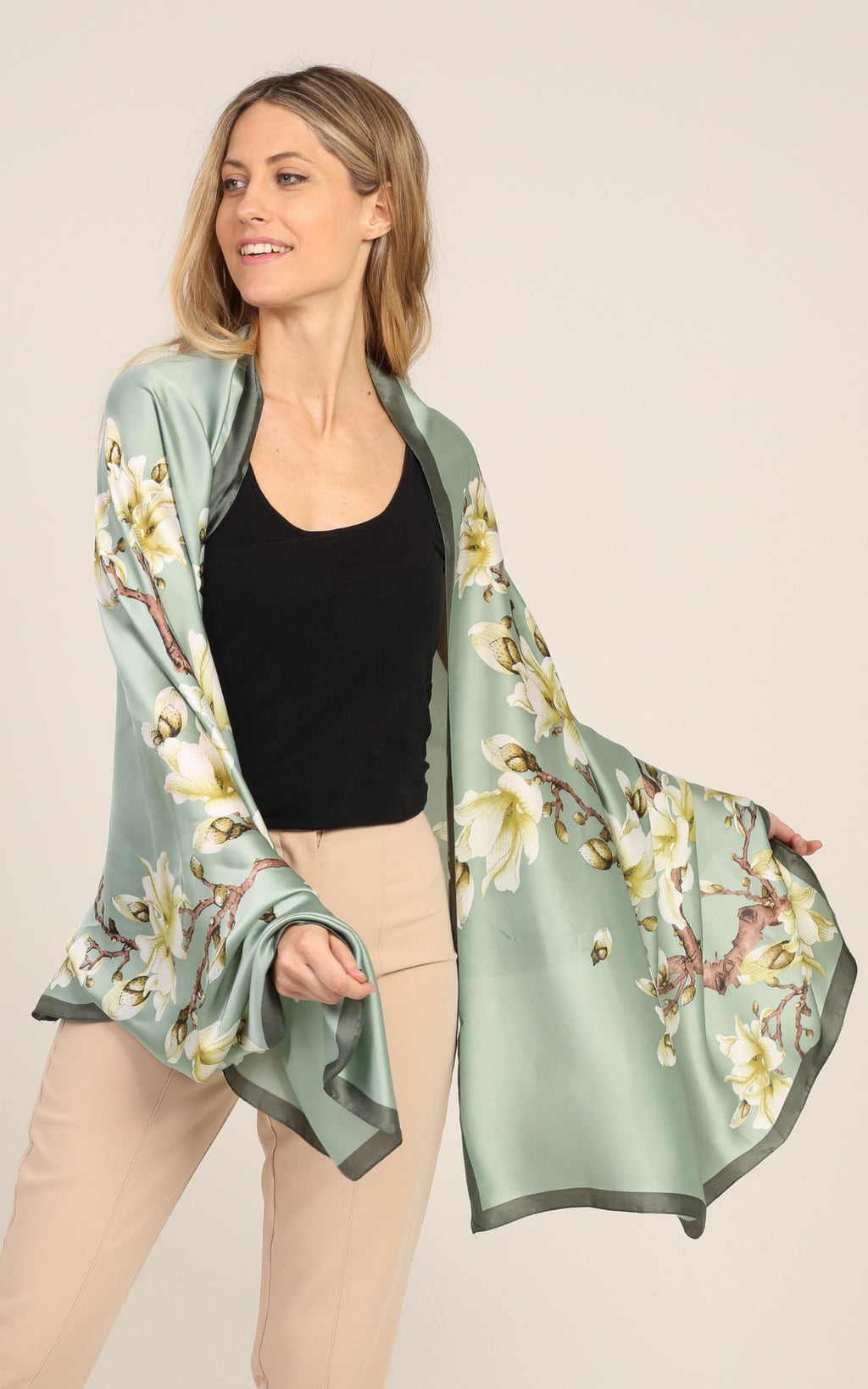 Light Green Floral Silk Scarf