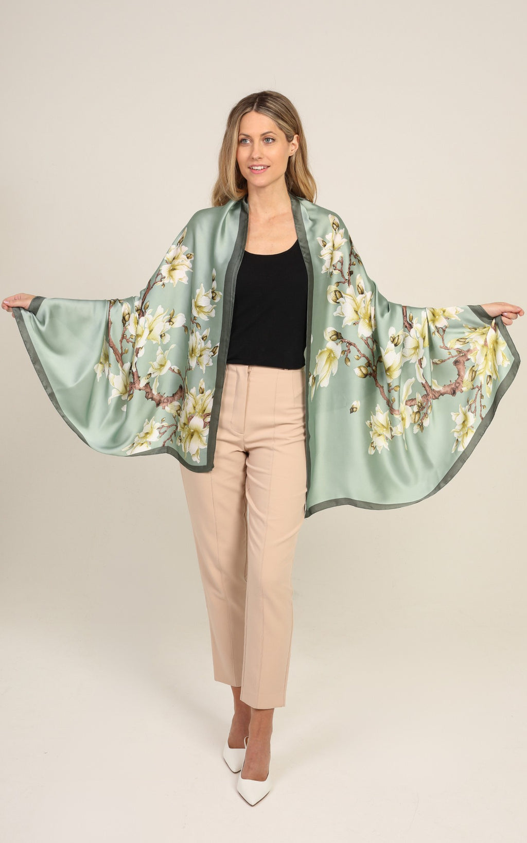 Light Green Floral Silk Scarf