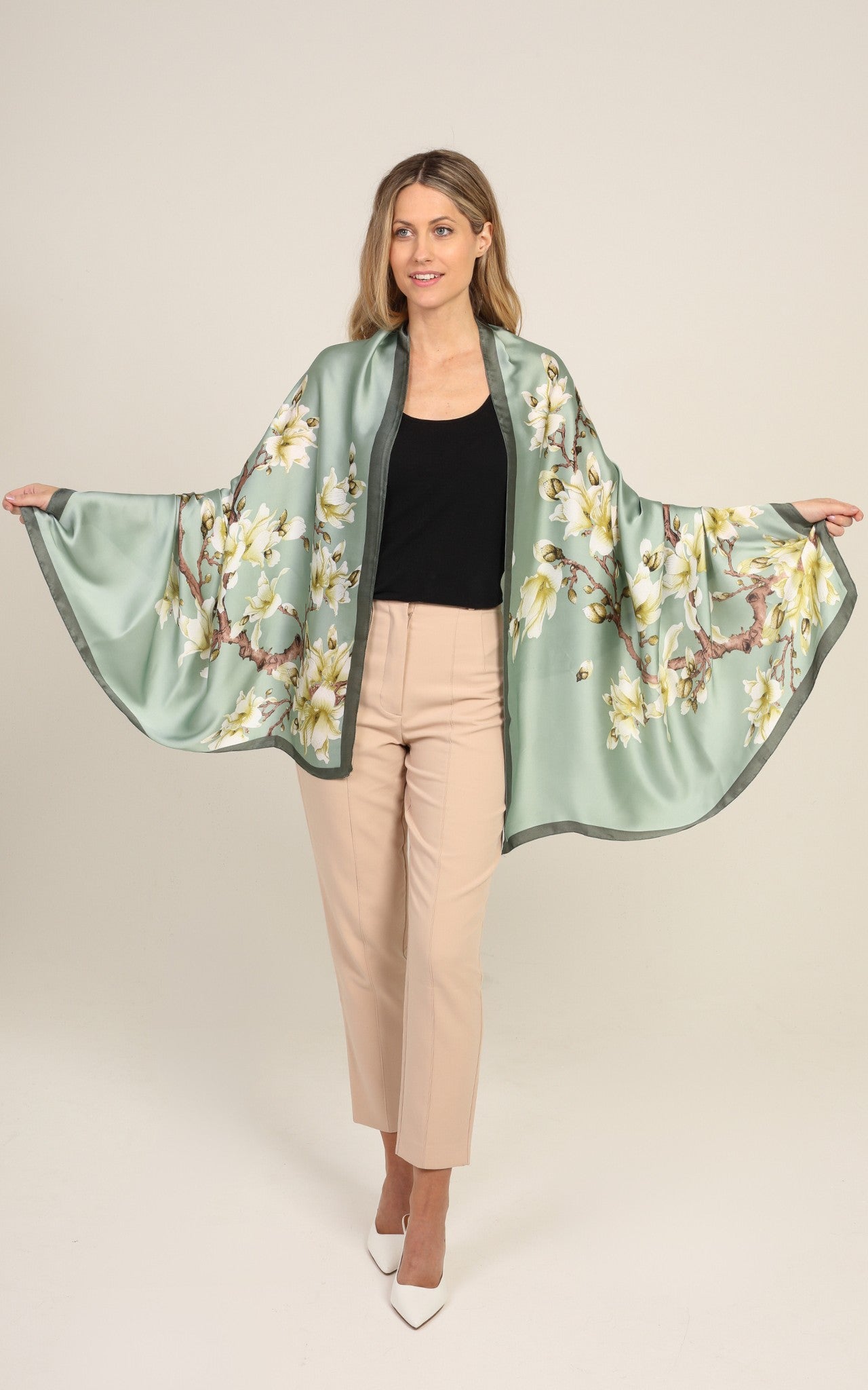 Light Green Floral Silk Scarf