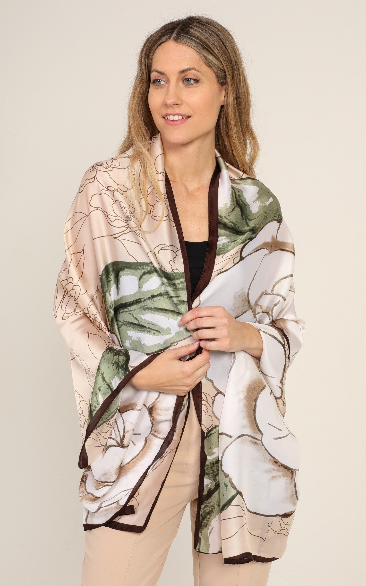 Yellow Brown Floral Silk Scarf