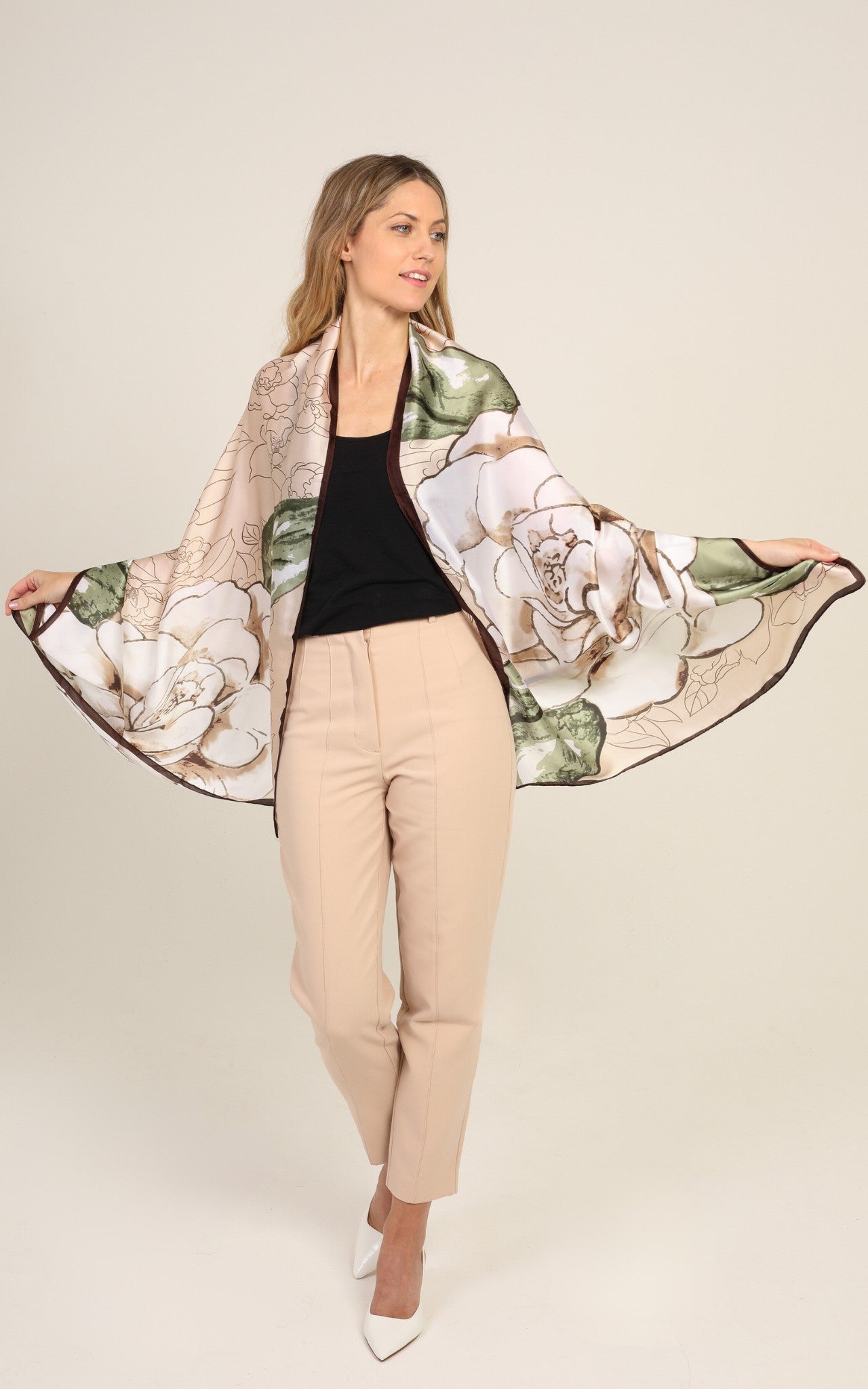 Yellow Brown Floral Silk Scarf