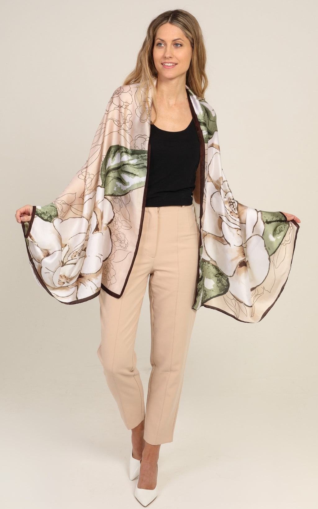 Yellow Brown Floral Silk Scarf