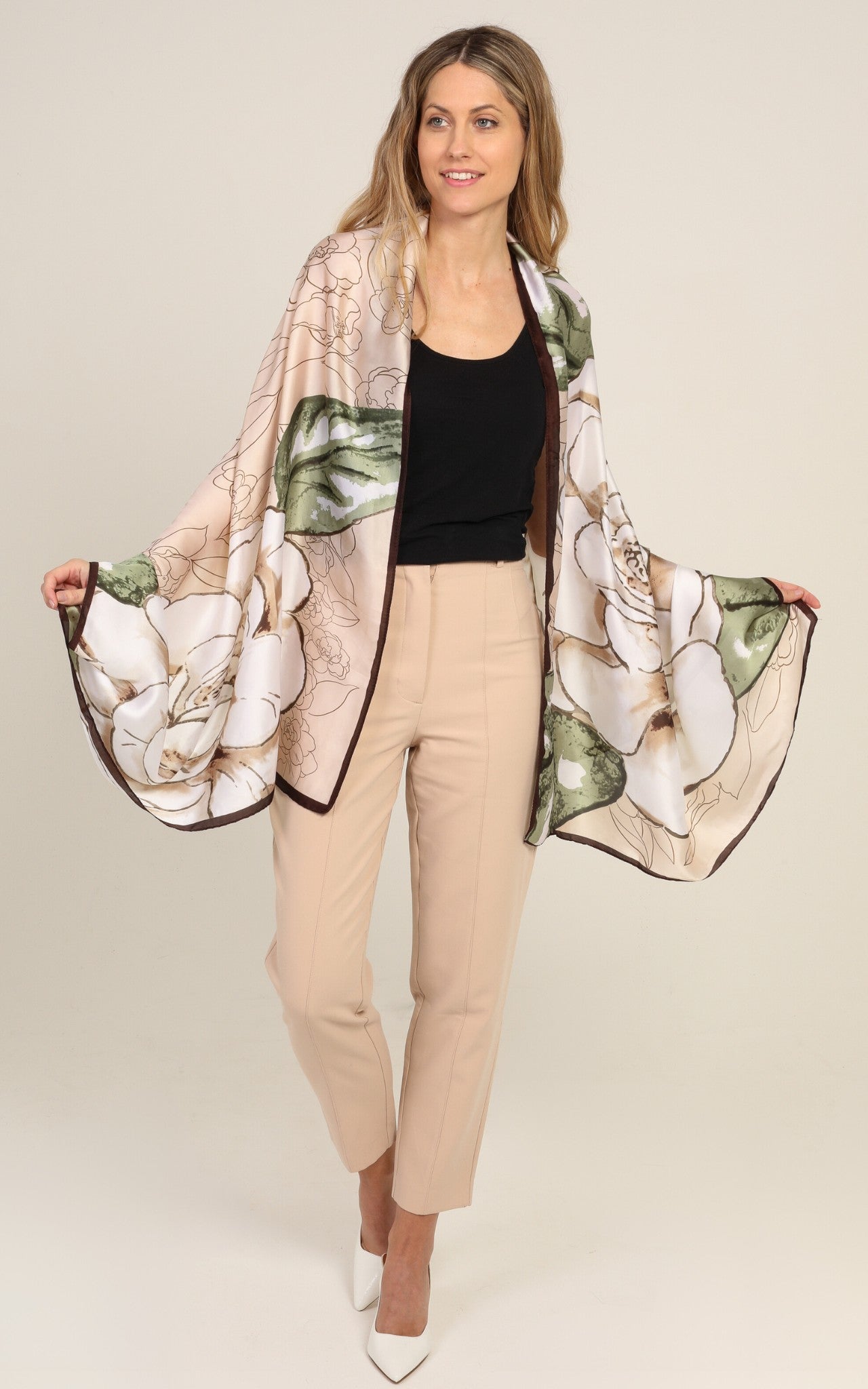 Yellow Brown Floral Silk Scarf