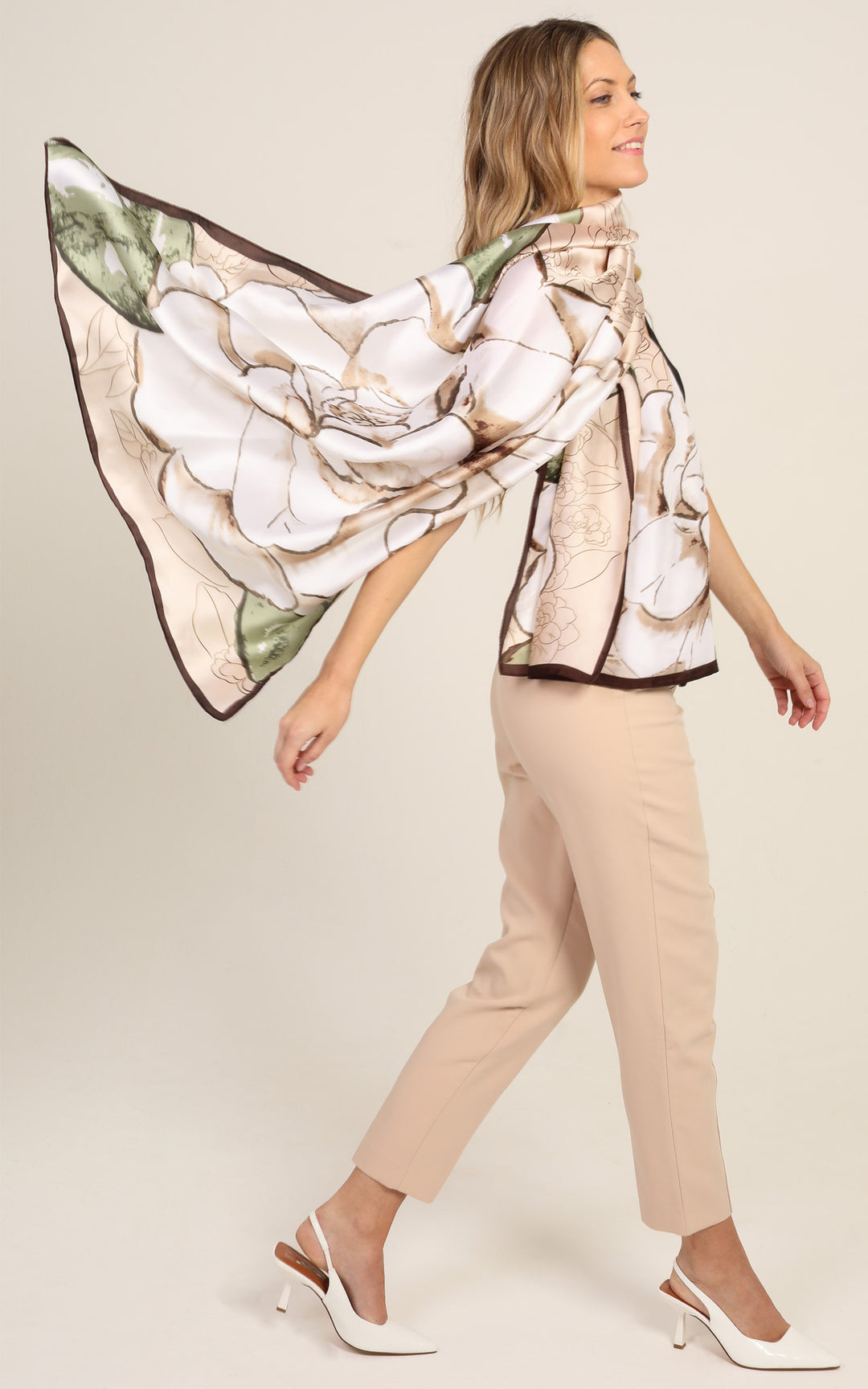 Yellow Brown Floral Silk Scarf