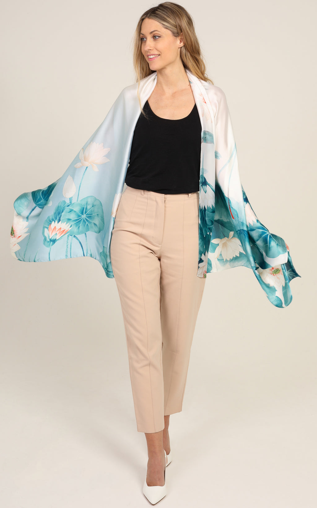 Aqua Blue Floral Silk Scarf