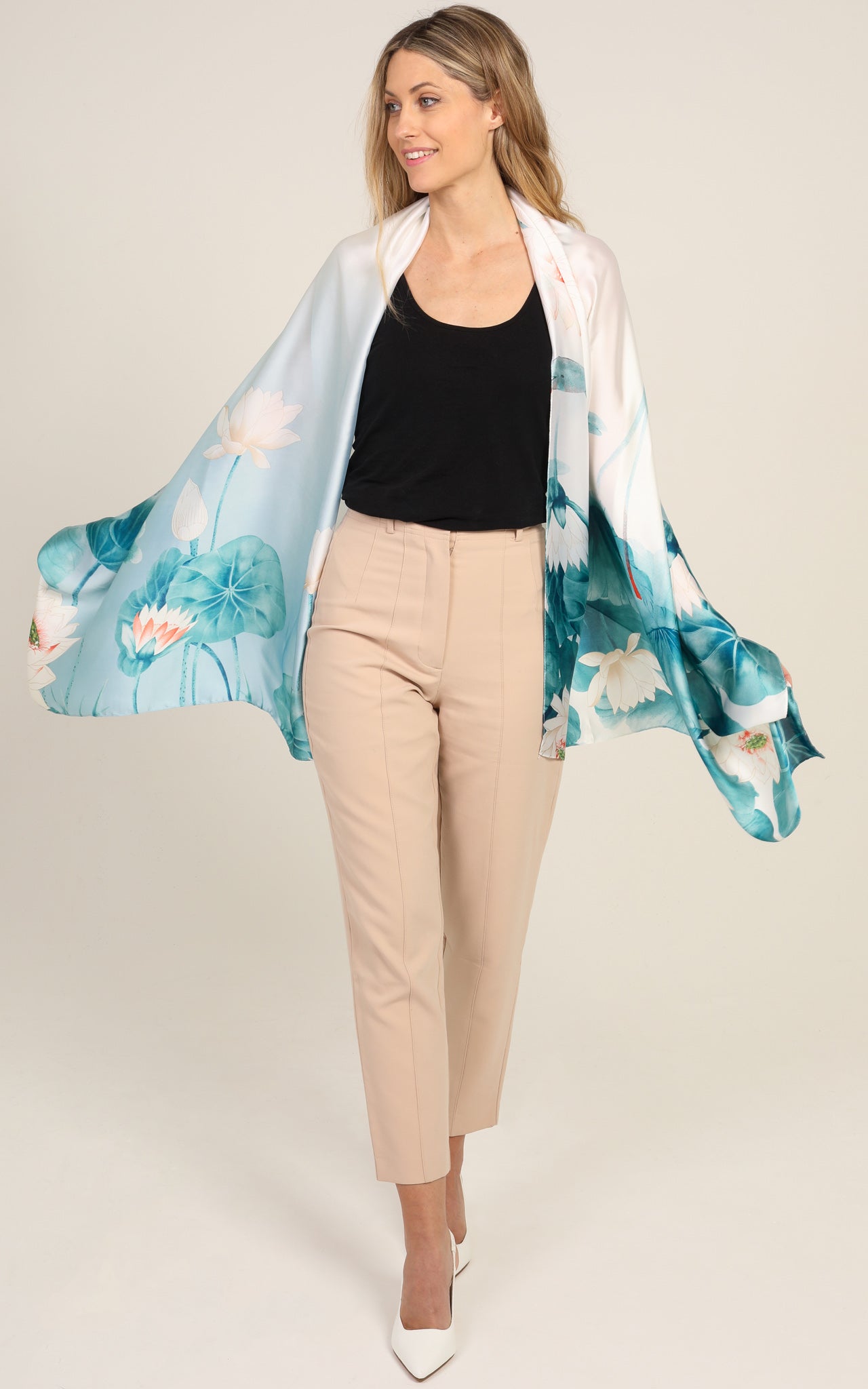 Aqua Blue Floral Silk Scarf