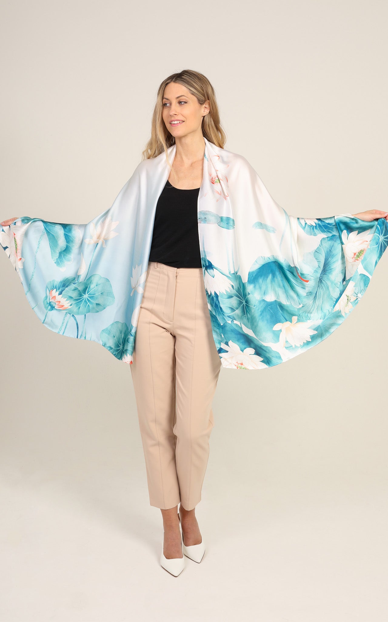 Aqua Blue Floral Silk Scarf