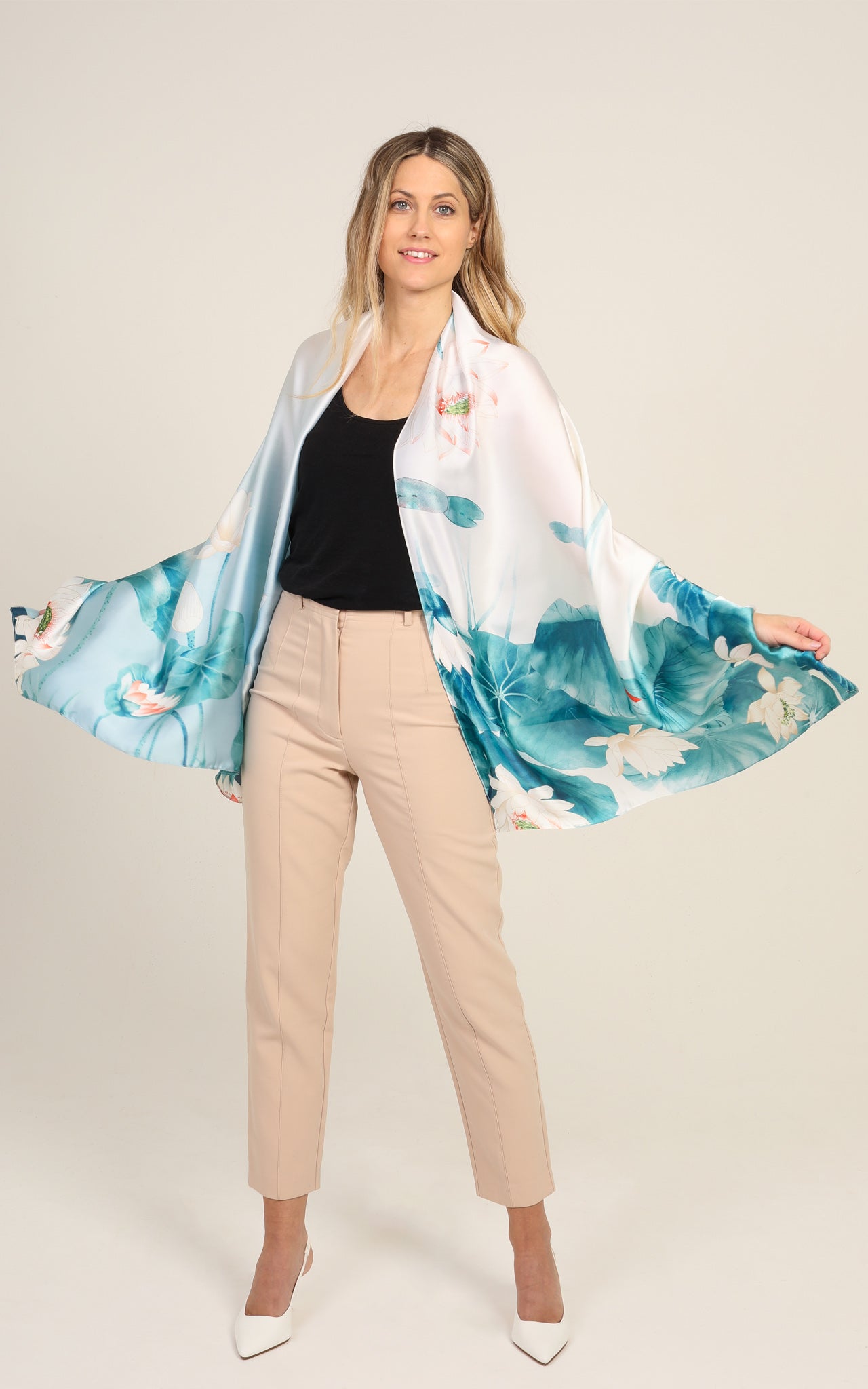 Aqua Blue Floral Silk Scarf