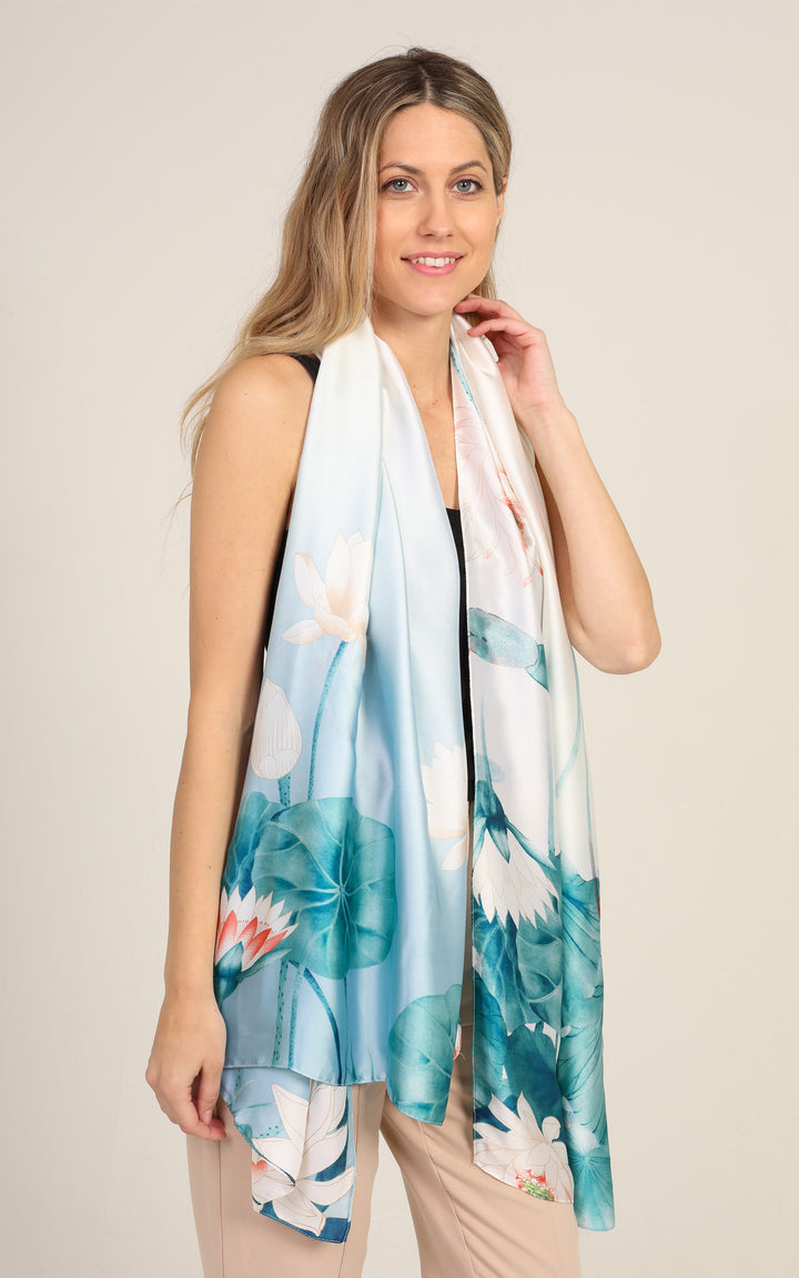 Aqua Blue Floral Silk Scarf