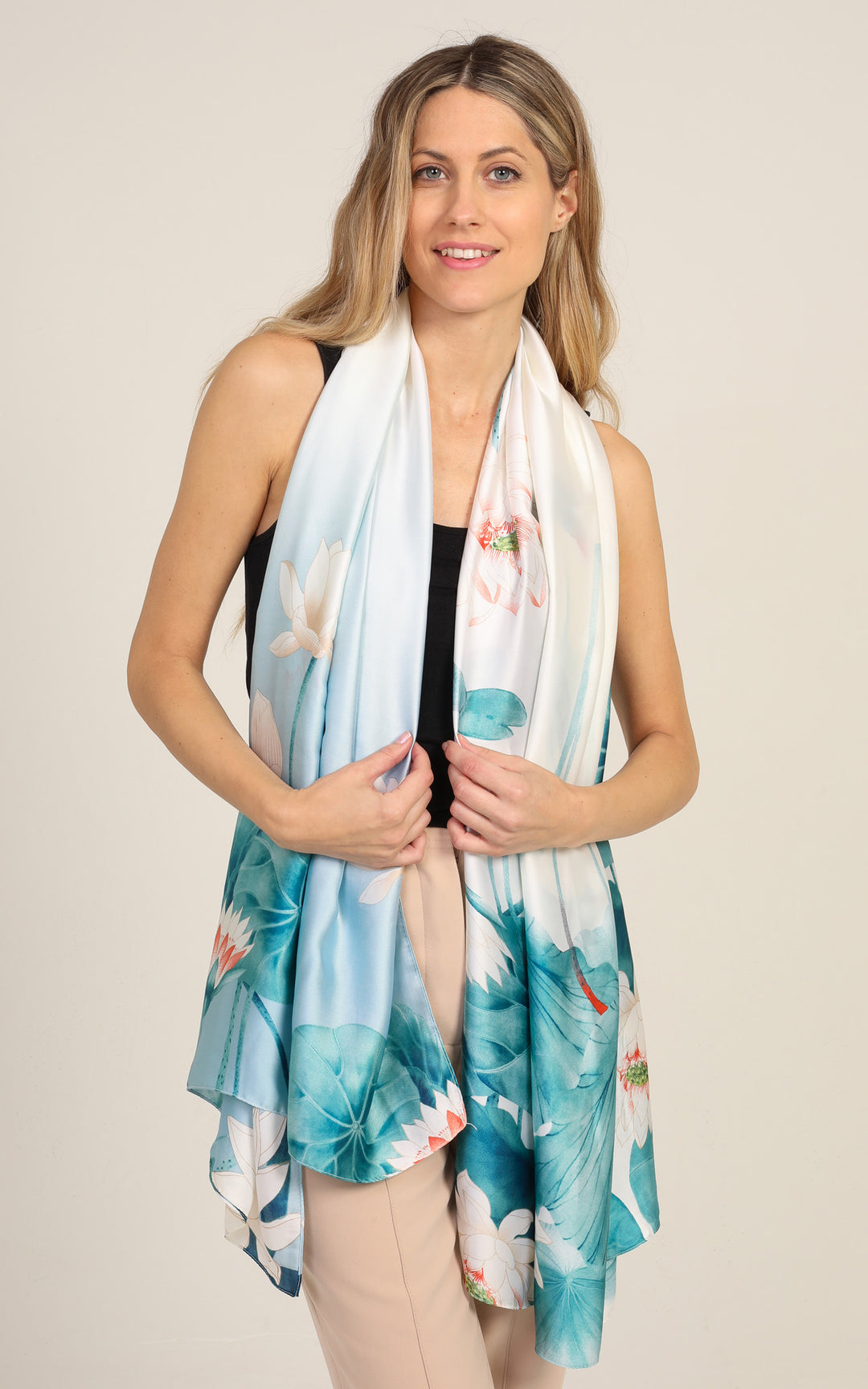 Aqua Blue Floral Silk Scarf