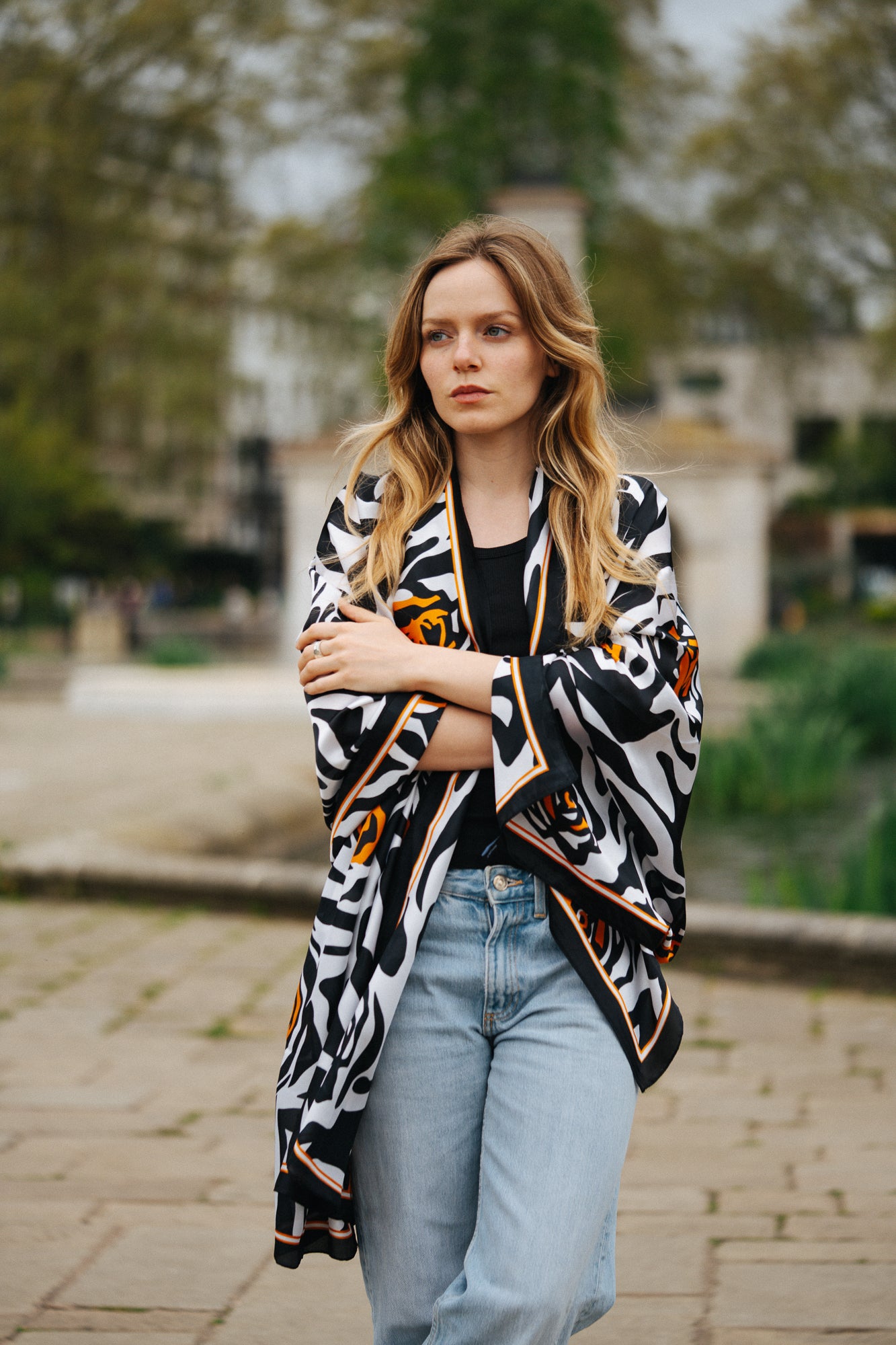 Zebra print with Oarange rose silk scarf