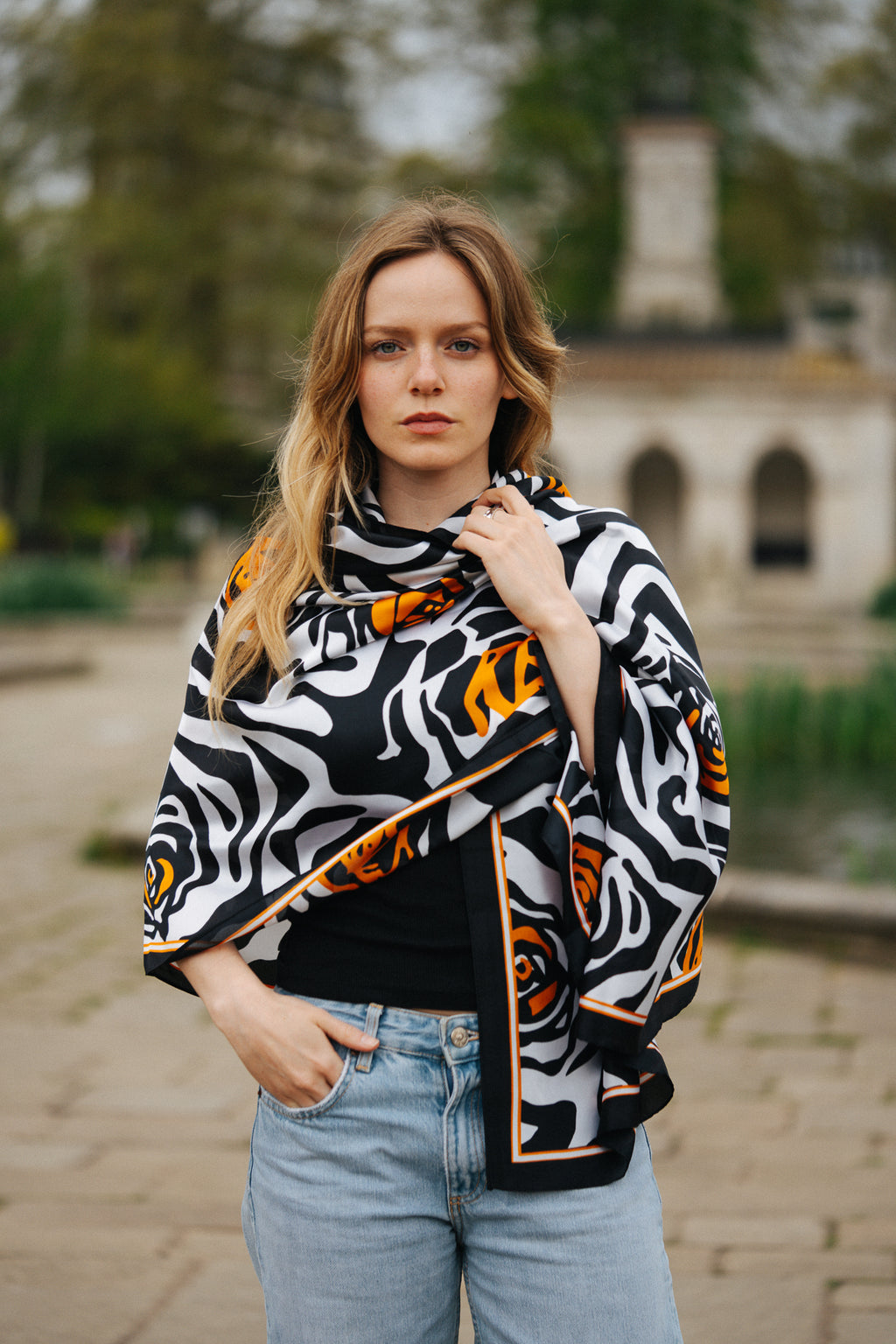 Zebra print with Oarange rose silk scarf