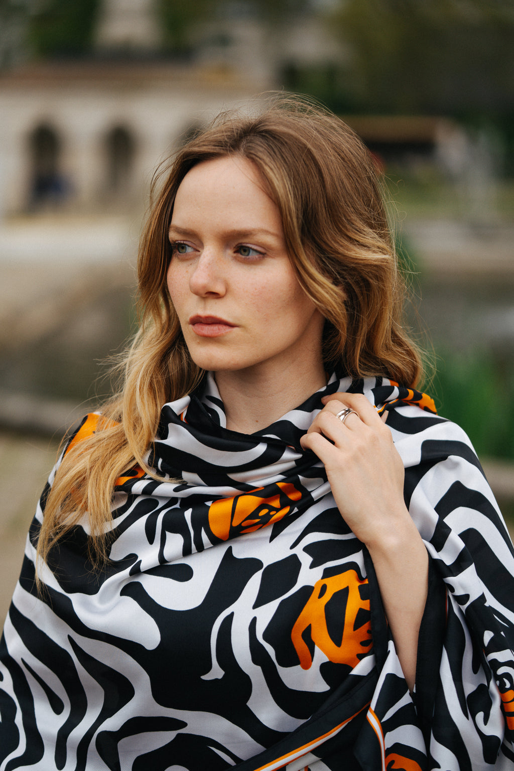 Zebra print with Oarange rose silk scarf