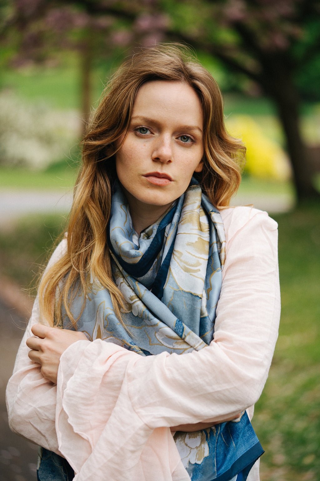 BLUE BLOSSOM PETAL SILK SCARF