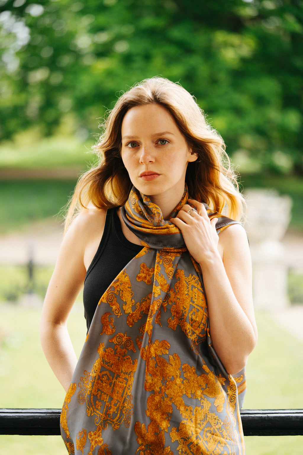 Golden Aura grey silk scarf