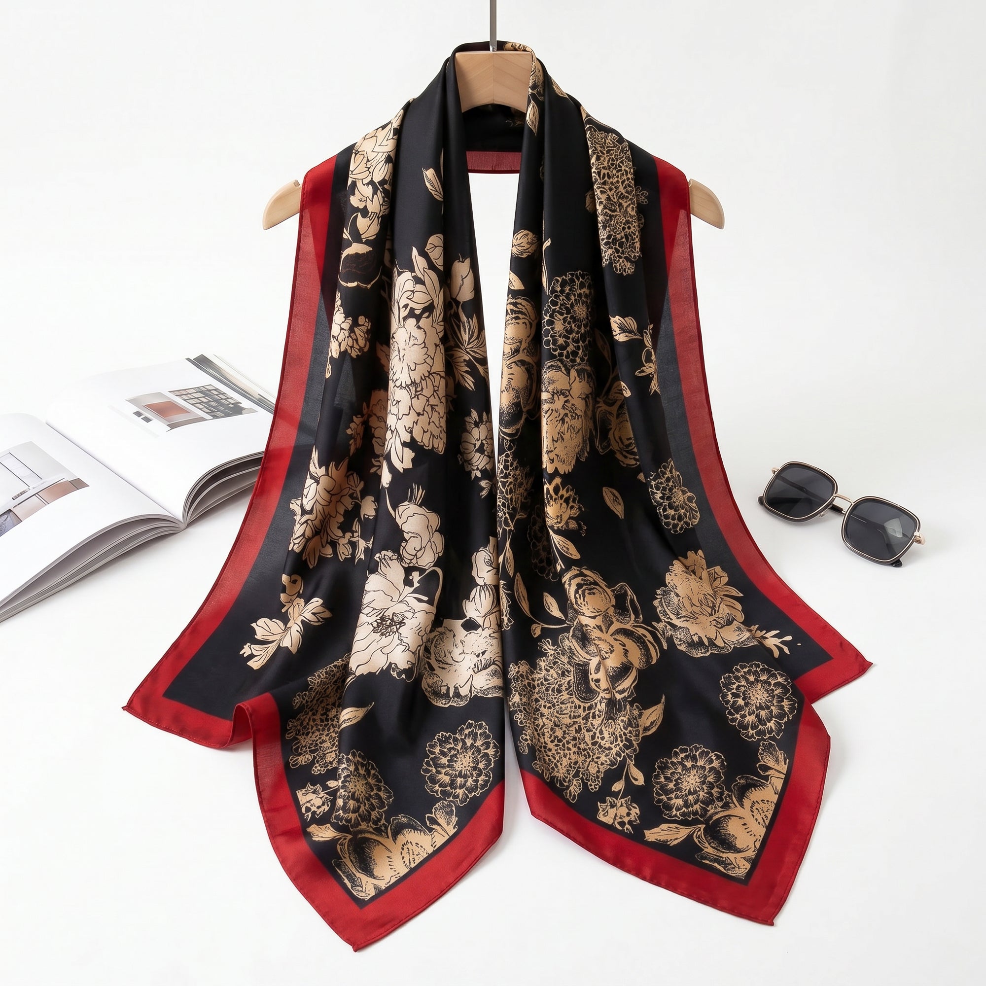 Scarlet garden petal noir silk scarf
