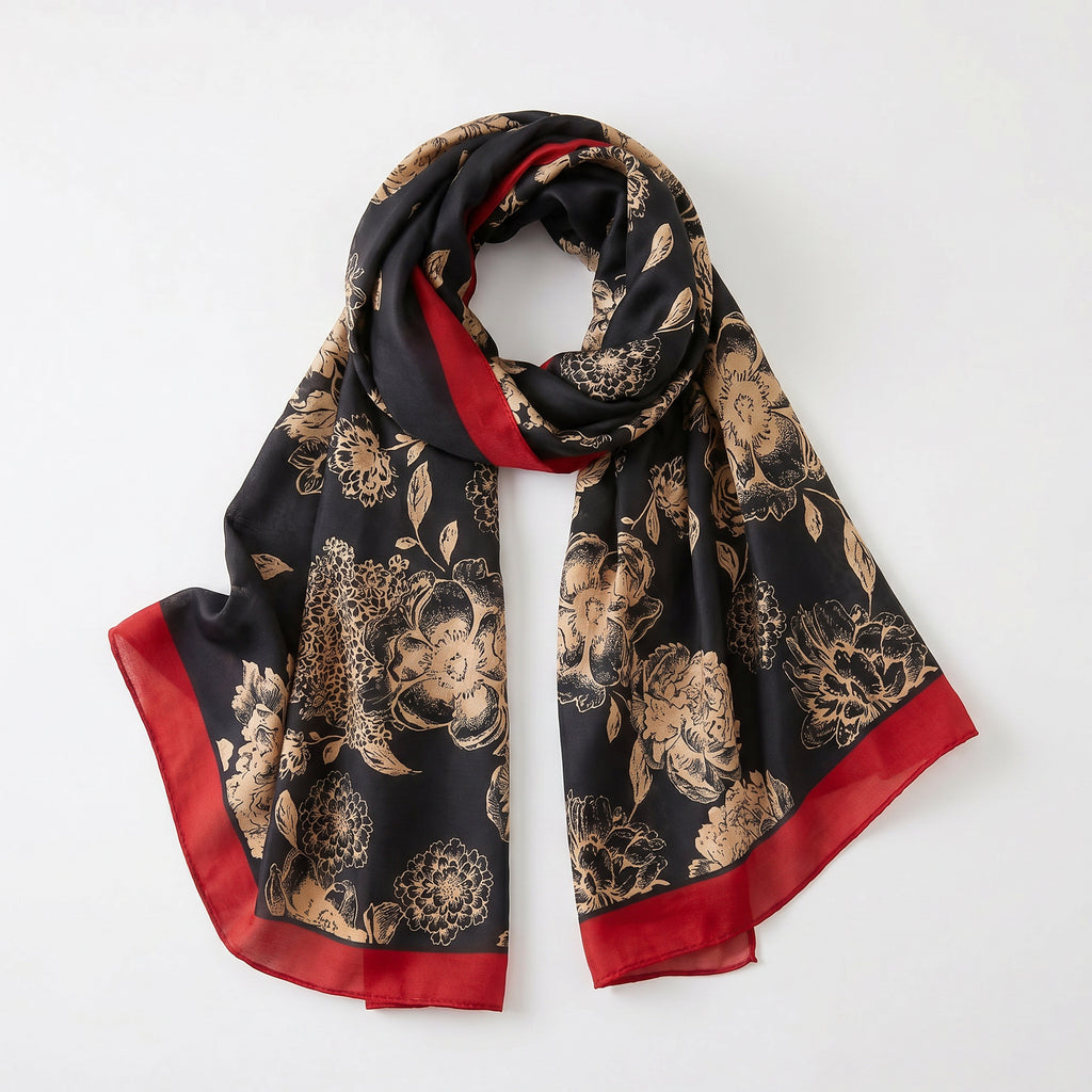 Scarlet garden petal noir silk scarf