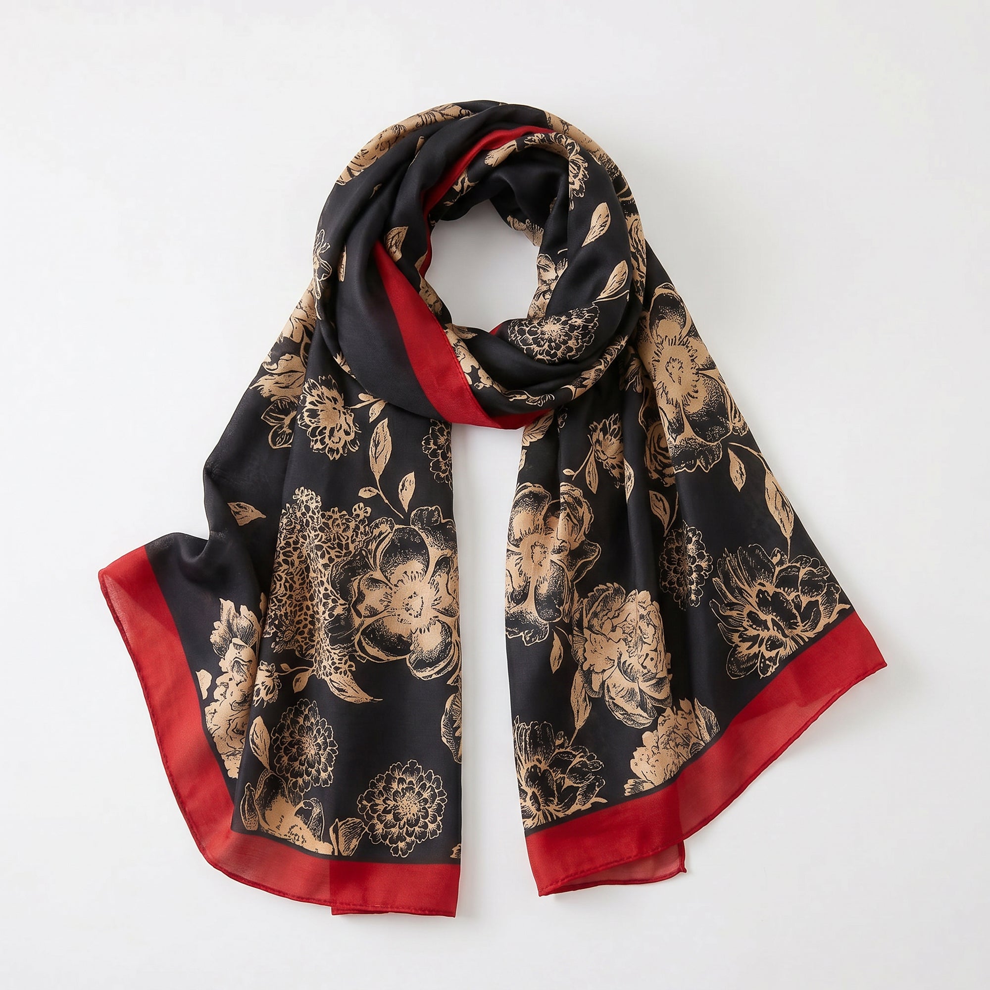 Scarlet garden petal noir silk scarf