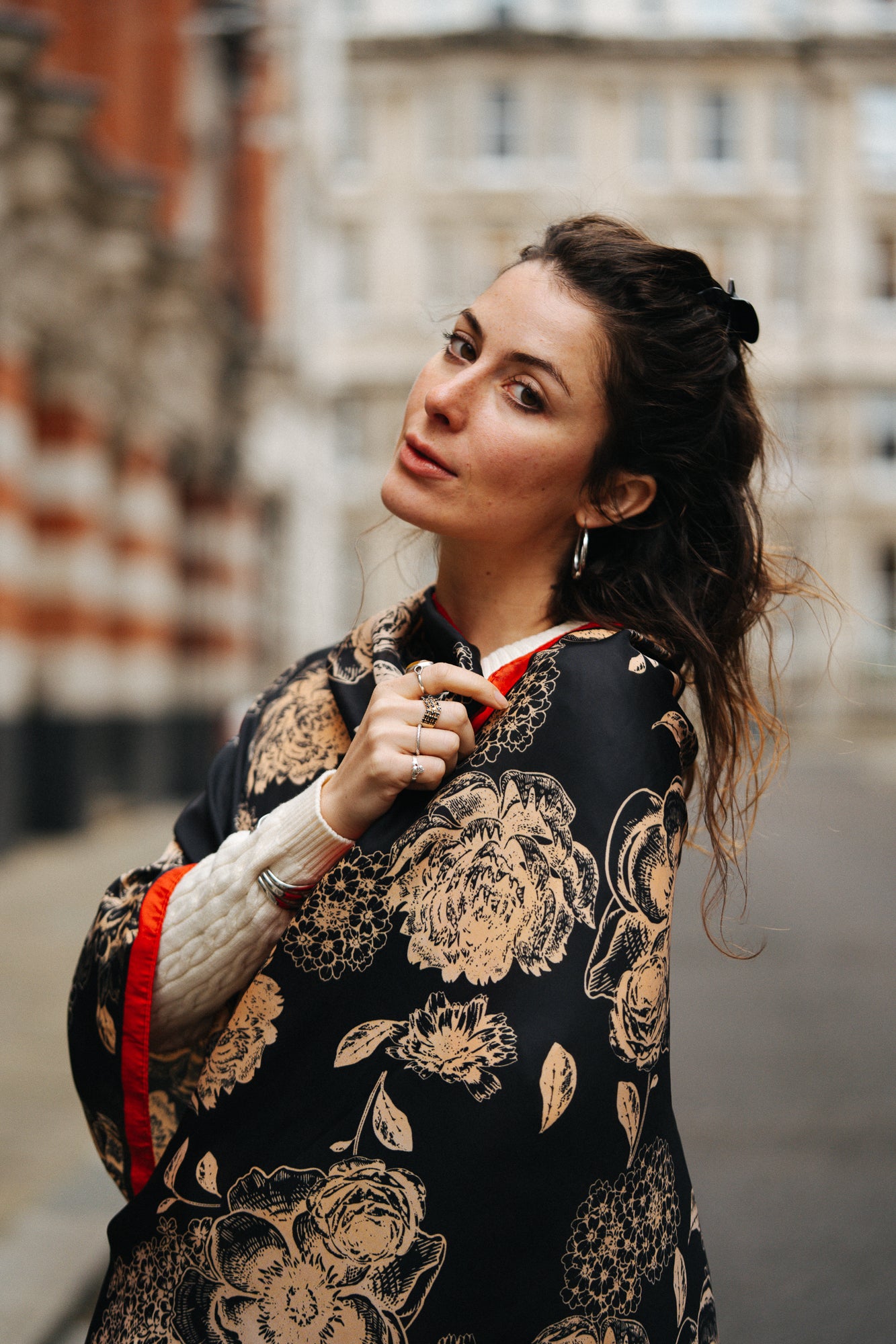 Scarlet garden petal noir silk scarf
