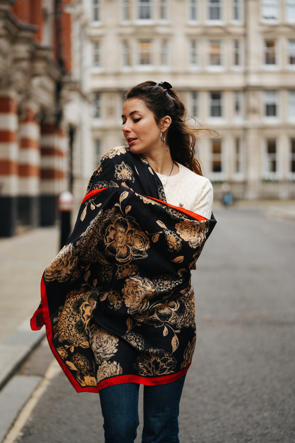 Scarlet garden petal noir silk scarf