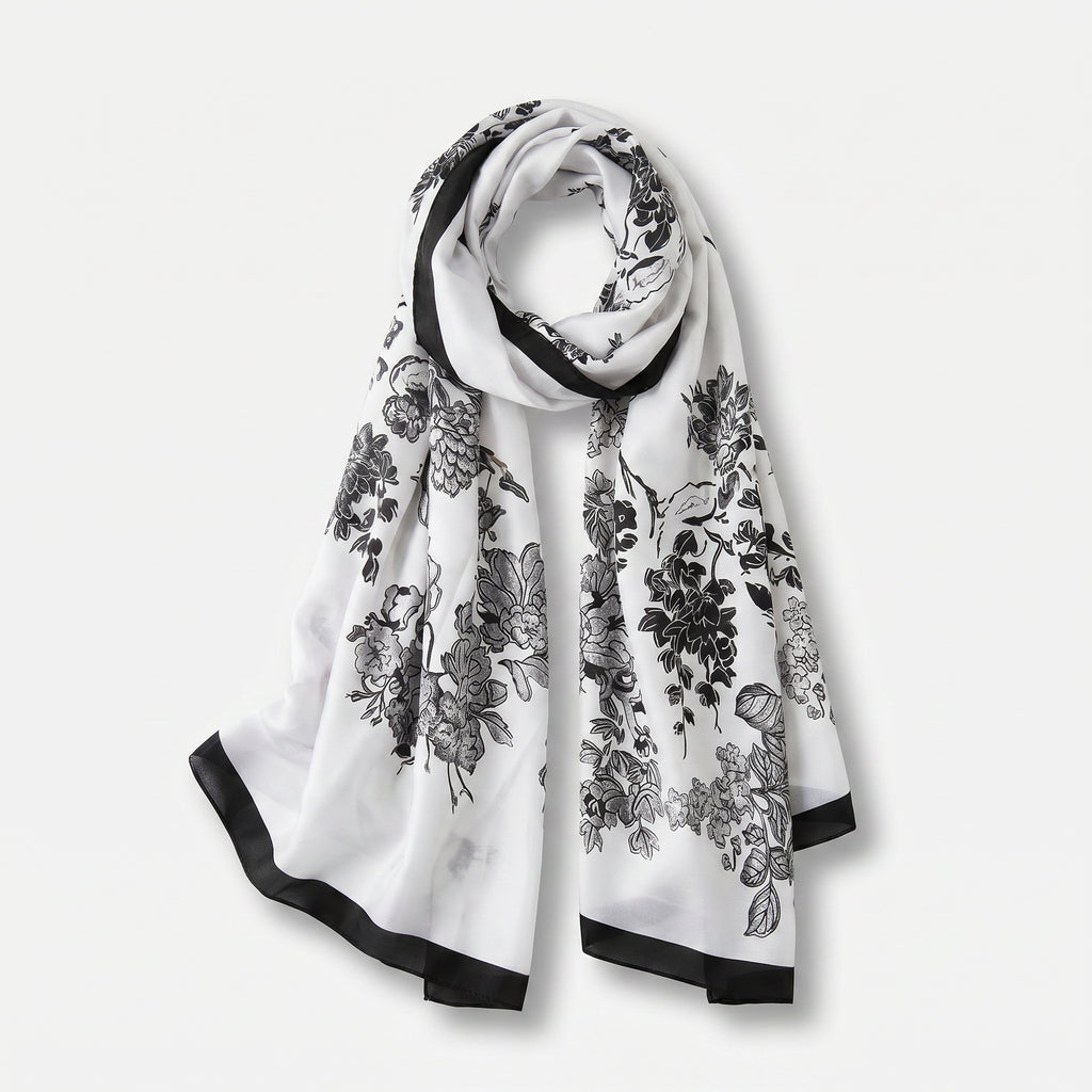 Monochrome  garden black petal white  silk scarf