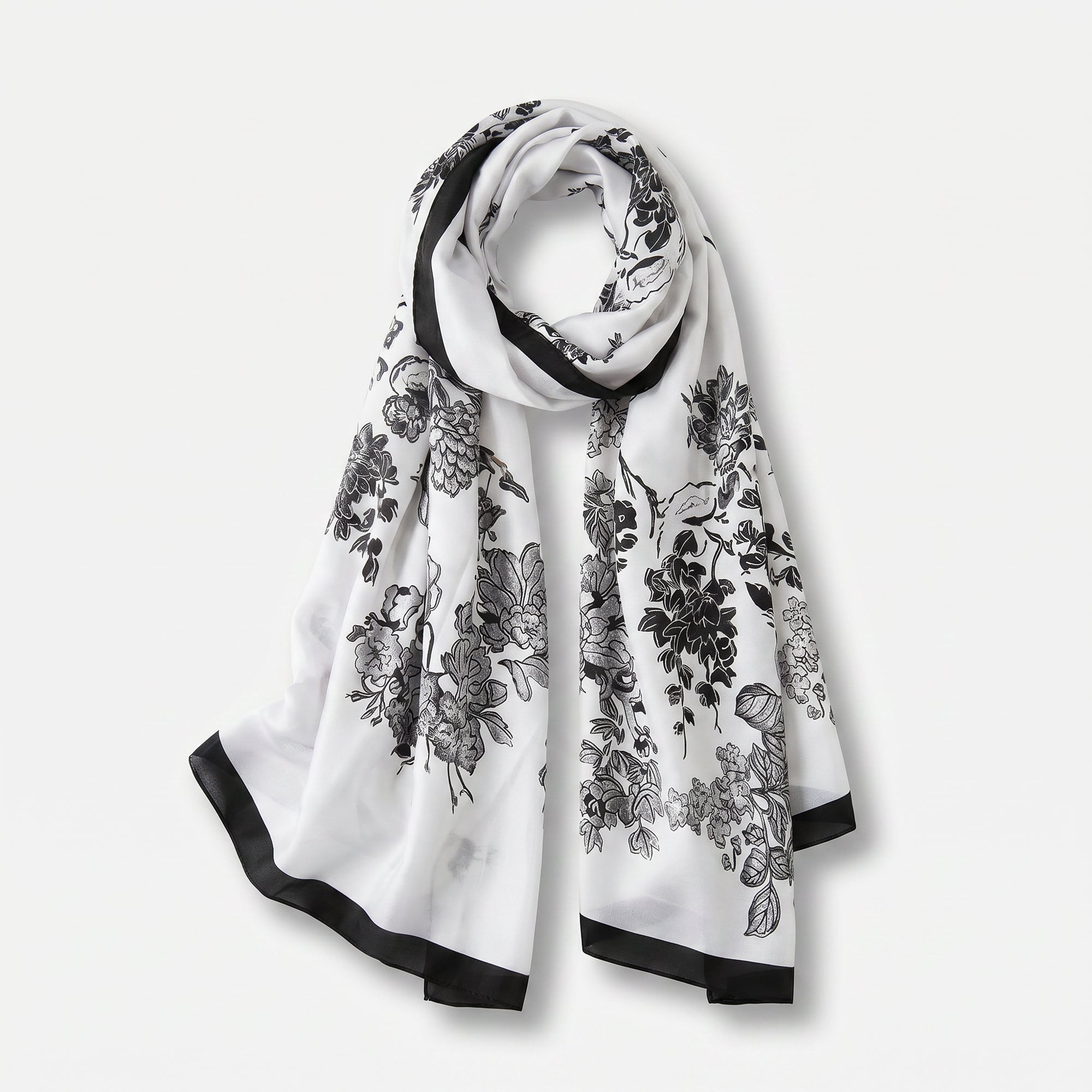 Monochrome  garden black petal white  silk scarf