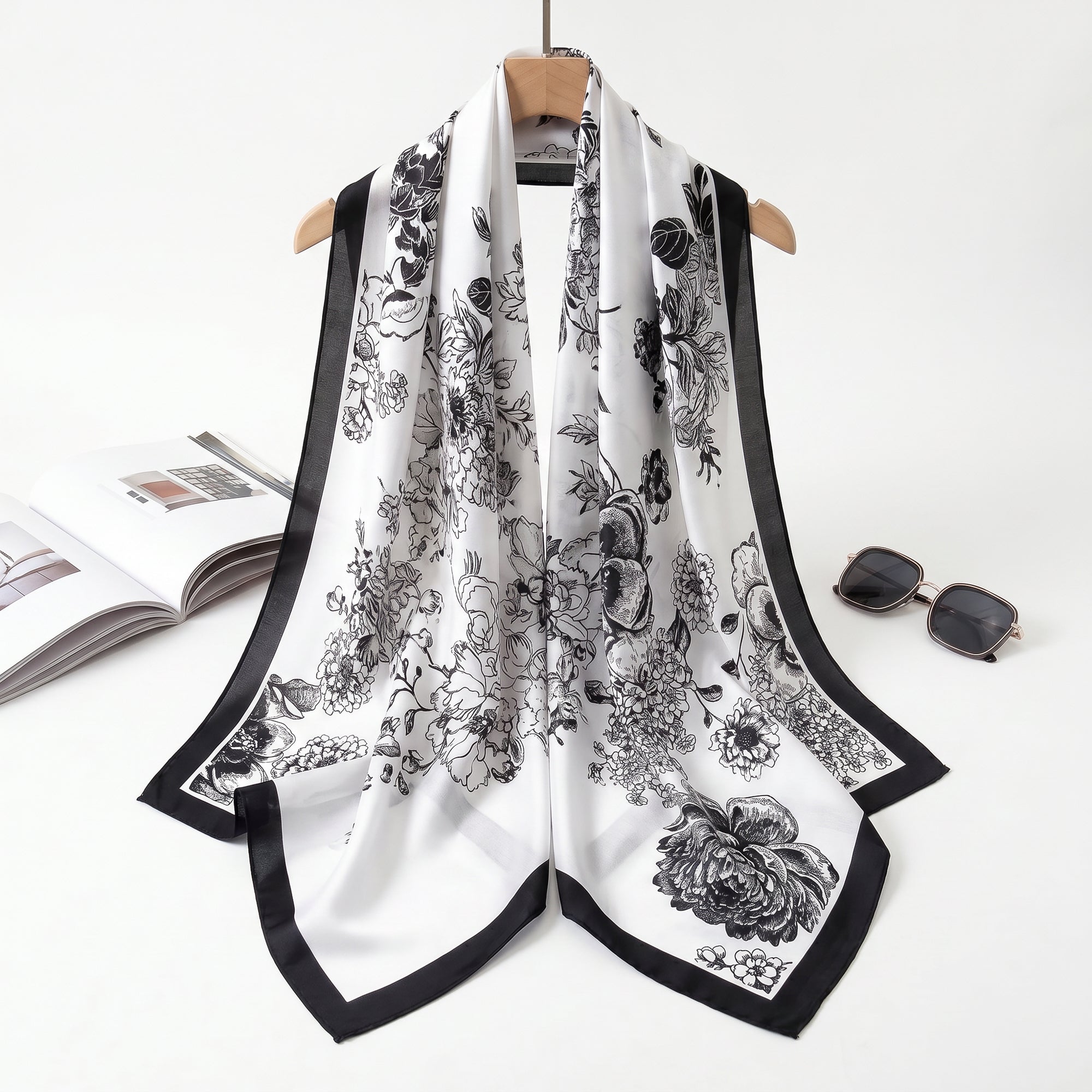 Monochrome  garden black petal white  silk scarf