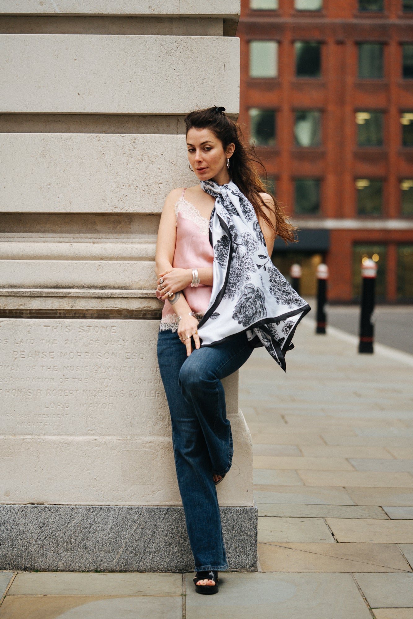 Monochrome  garden black petal white  silk scarf