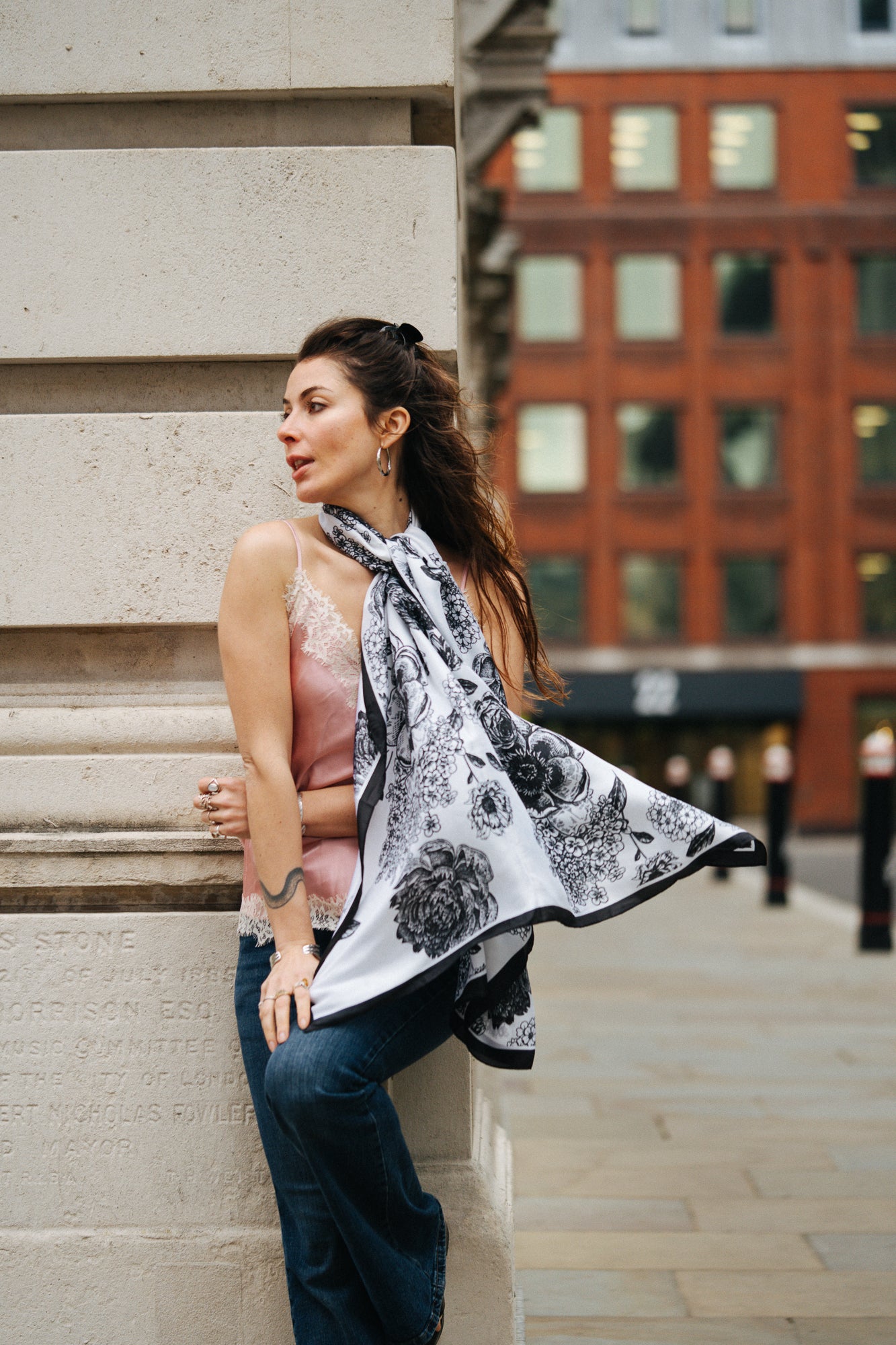 Monochrome  garden black petal white  silk scarf
