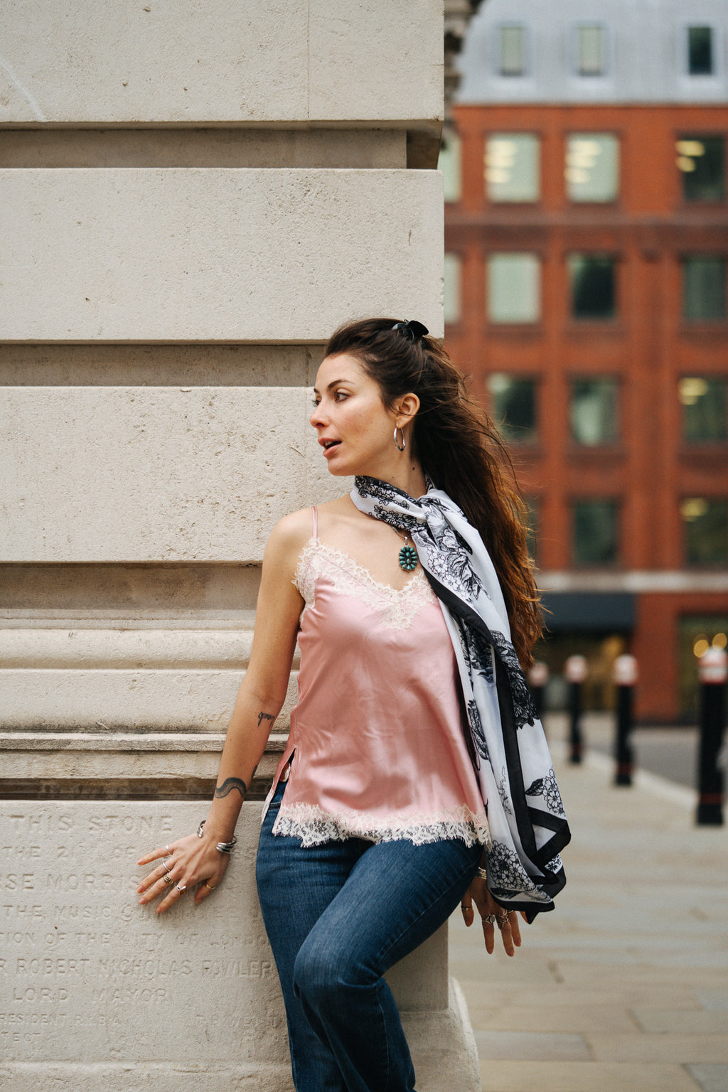 Monochrome  garden black petal white  silk scarf