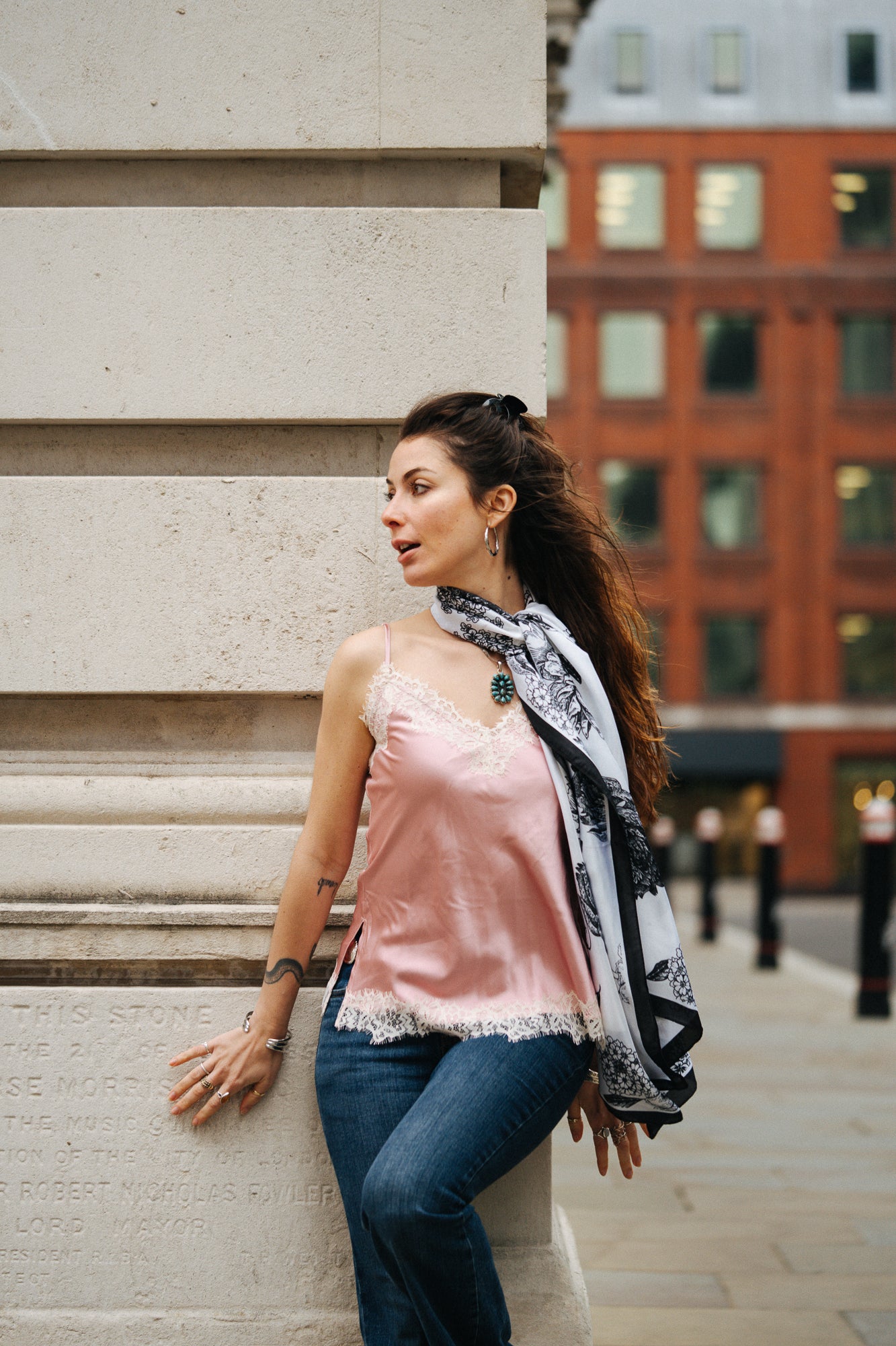 Monochrome  garden black petal white  silk scarf