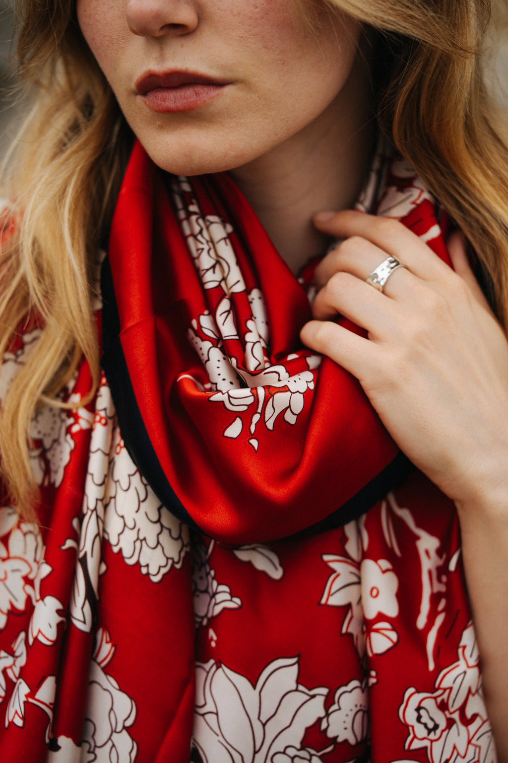 Royal ruby bloom silk scarf