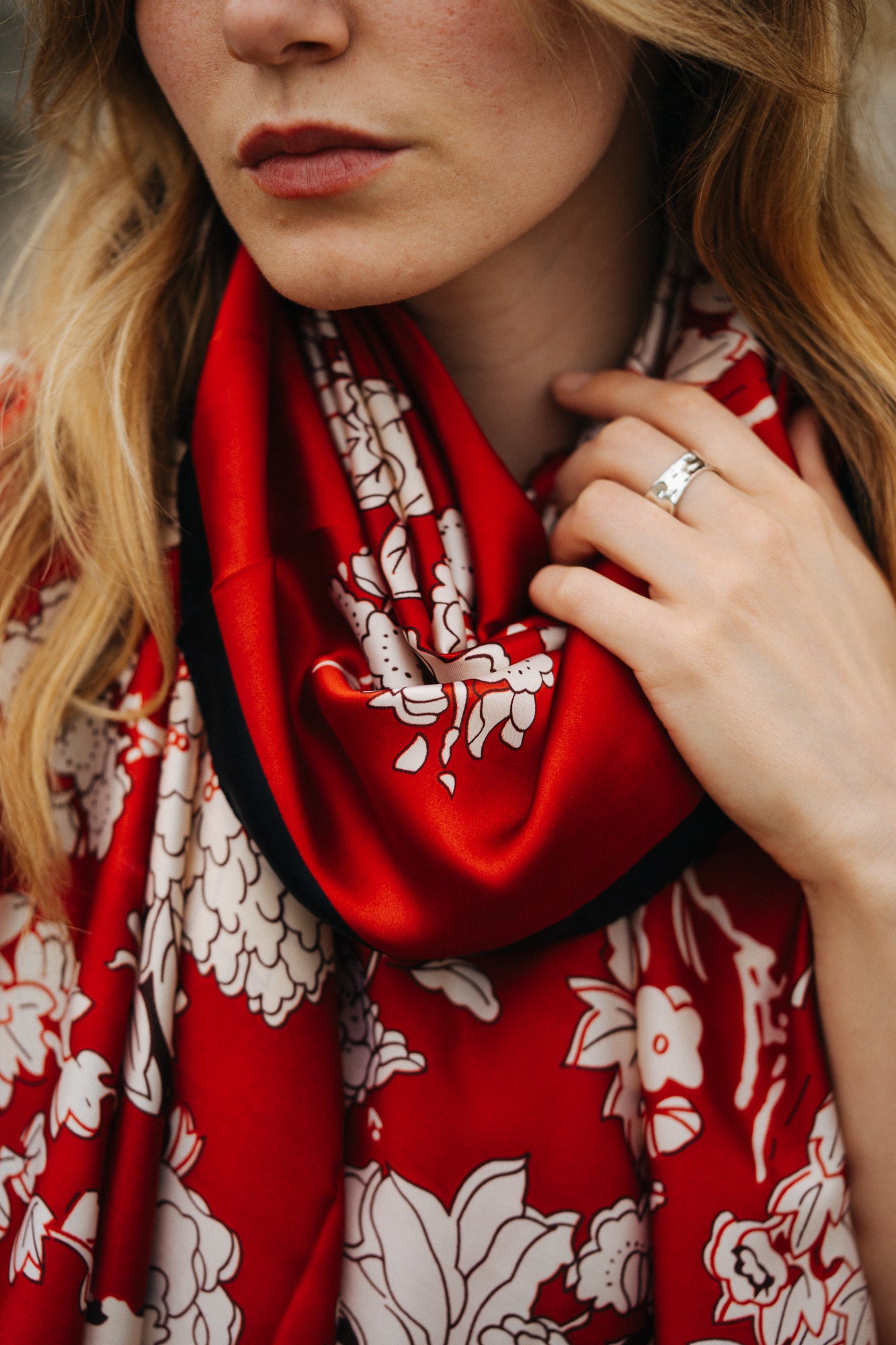 Royal ruby bloom silk scarf