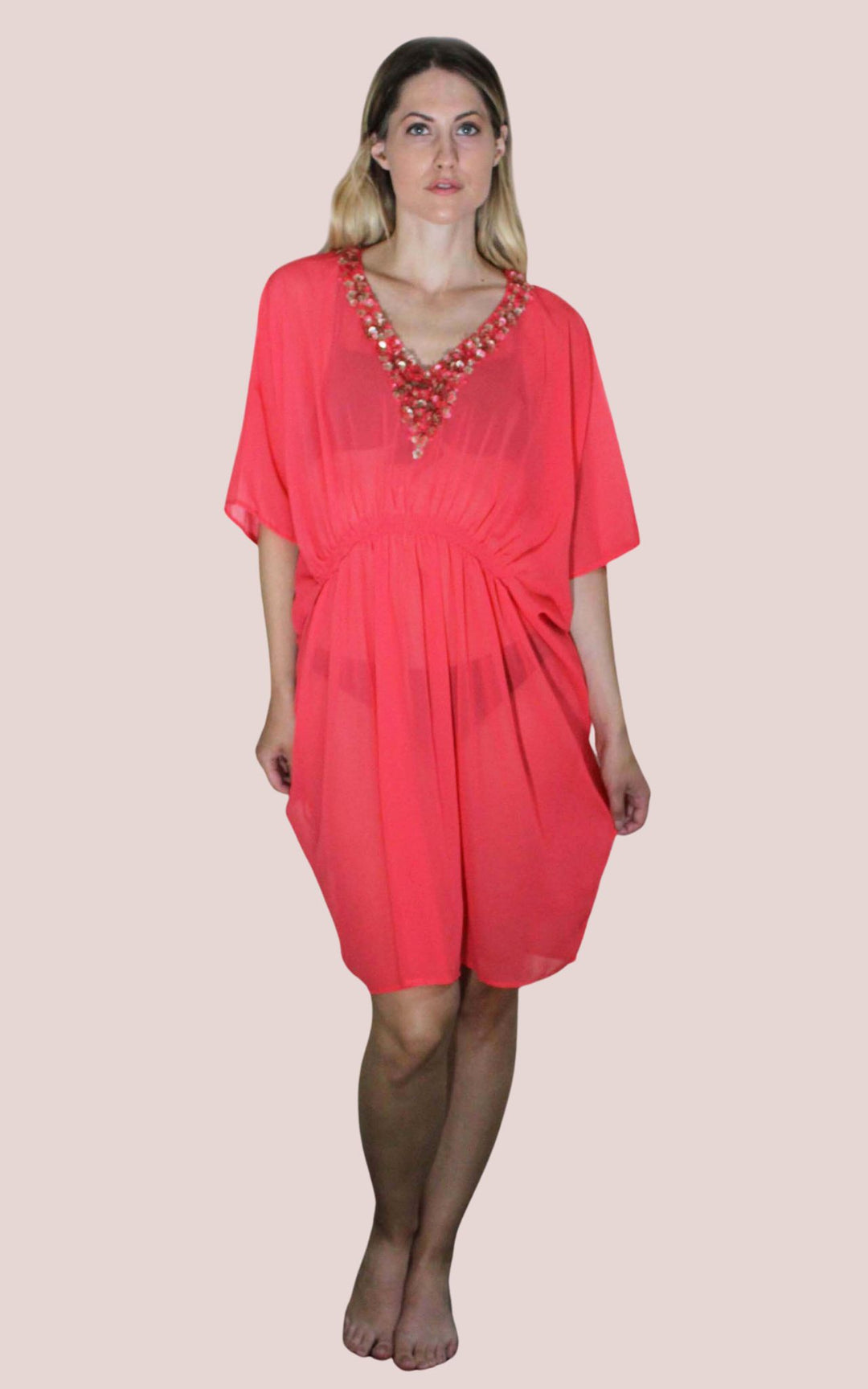 Short Pink Fuchsia Kaftan With Embroidered Detailing