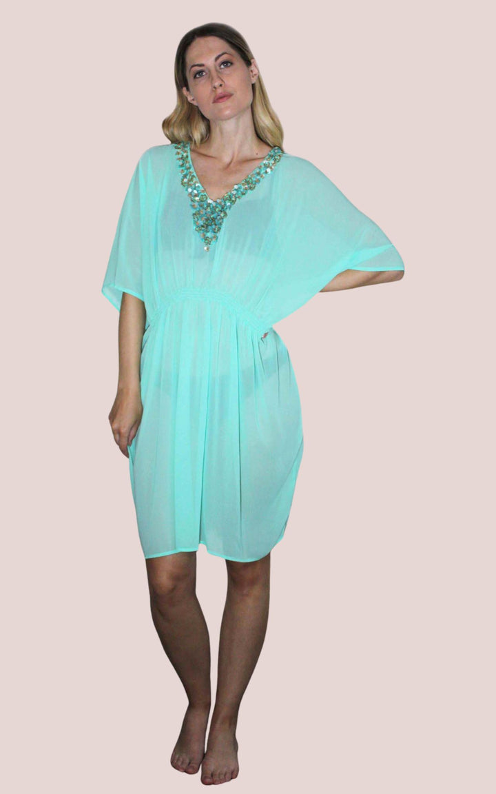 Short Mint Kaftan With Embroidered Detailing