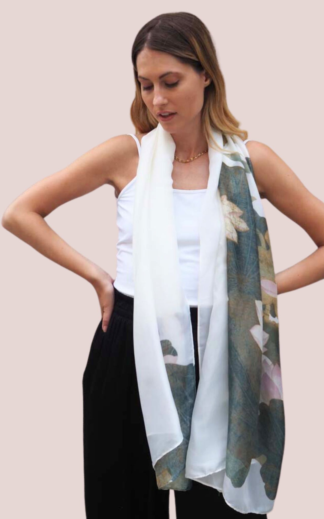 White Silk Scarf With Water Lily Design