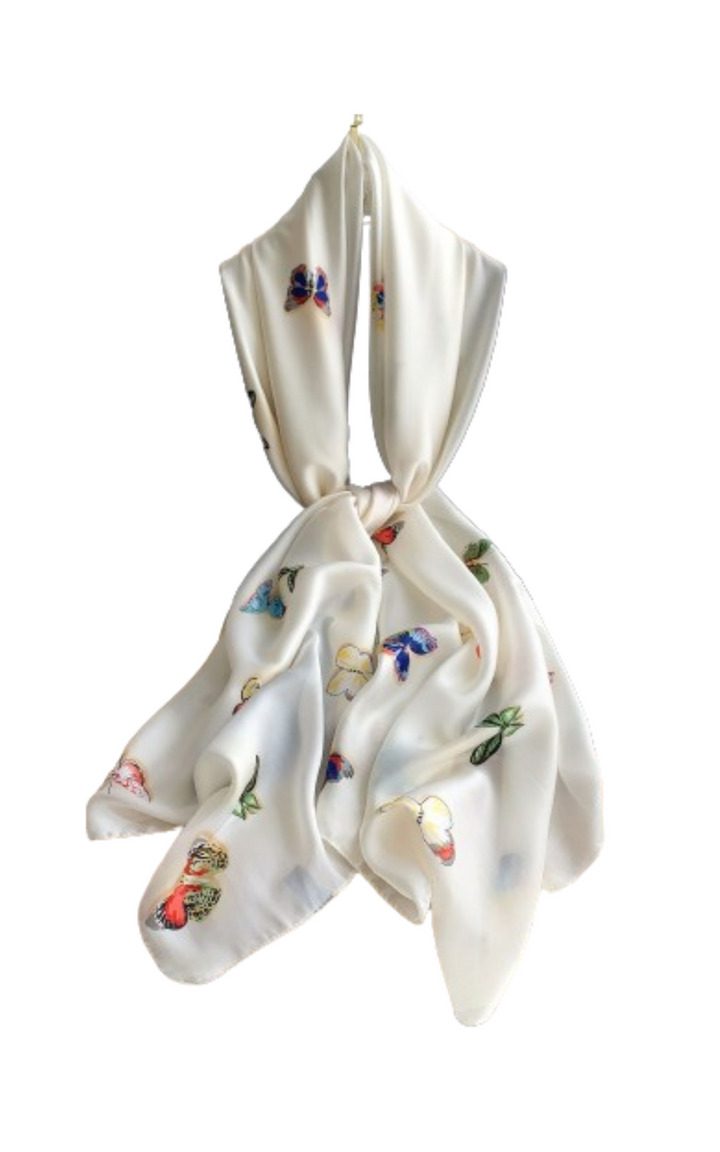 Ivory with Multicoloured Butterflies Silk Scarf