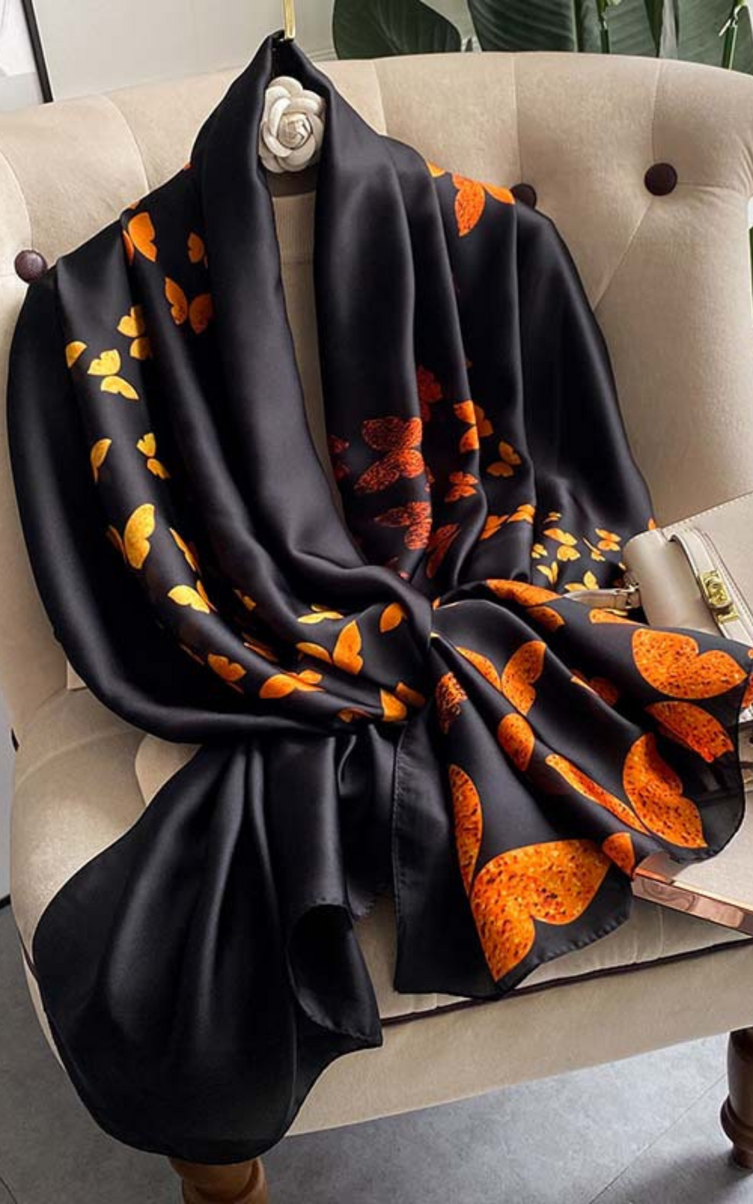 Black Silk Scarf with Butterfly Print