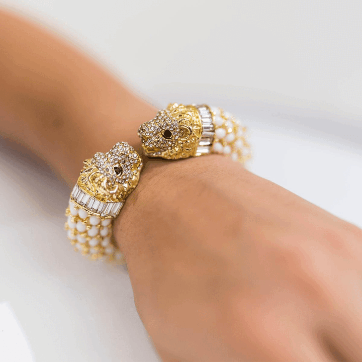 Two Headed Lion Crystal Embellished Cheetah Bangle in White and Gold