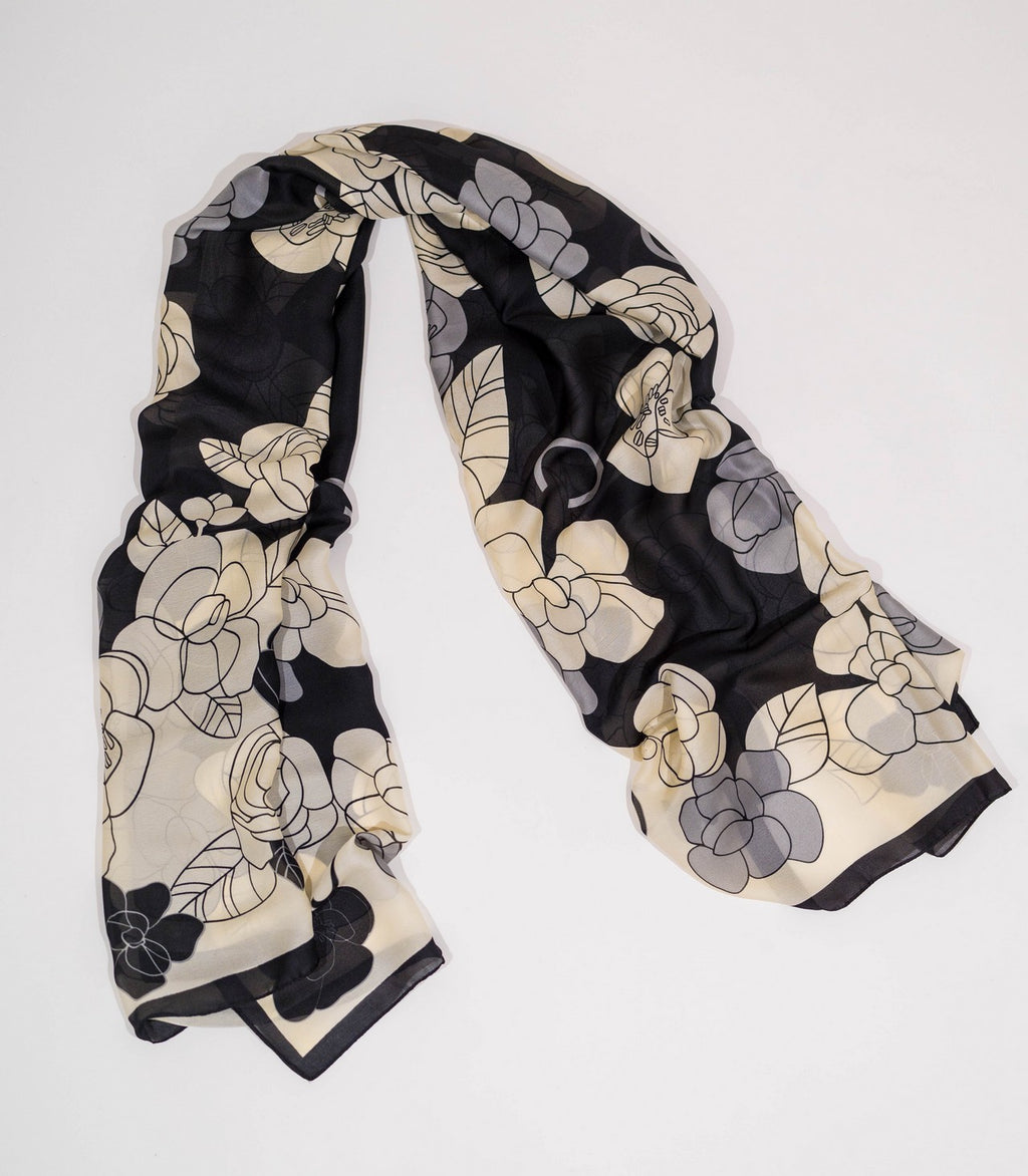 Silk Scarf in Black and White Floral Print