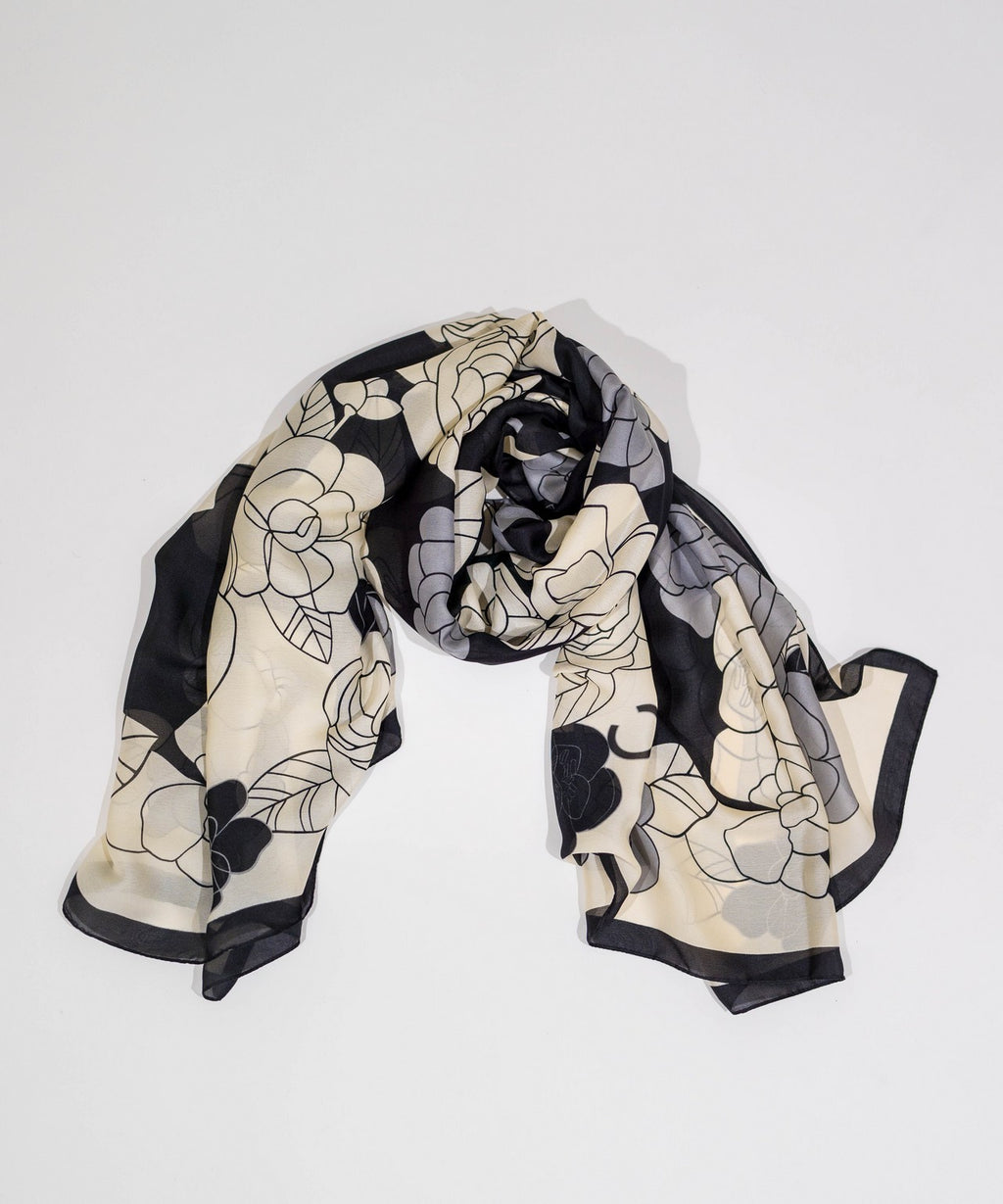 Silk Scarf in Black and White Floral Print