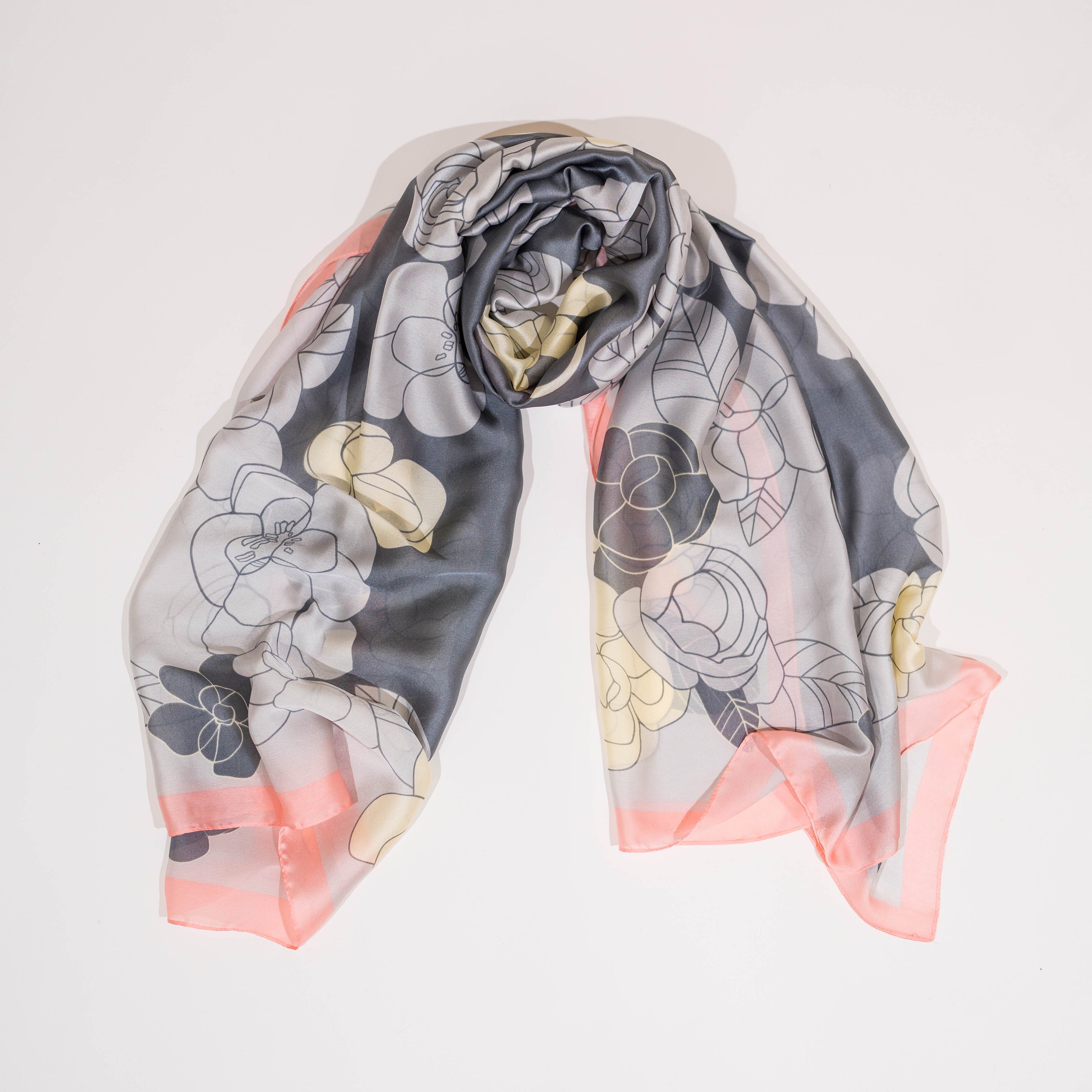 Silk Scarf in Grey and Pink Floral Print