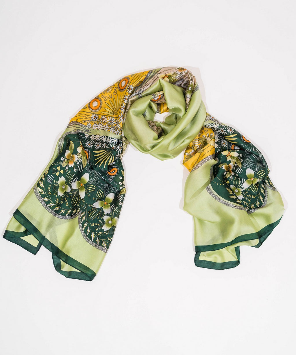 Green Floral Silk Scarf