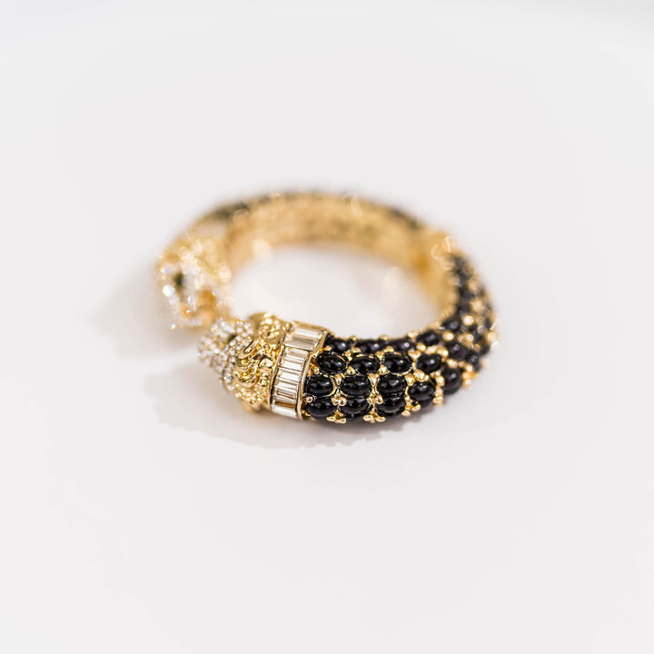 Two Headed Lion Crystal Embellished Cheetah Bangle in Black and Gold